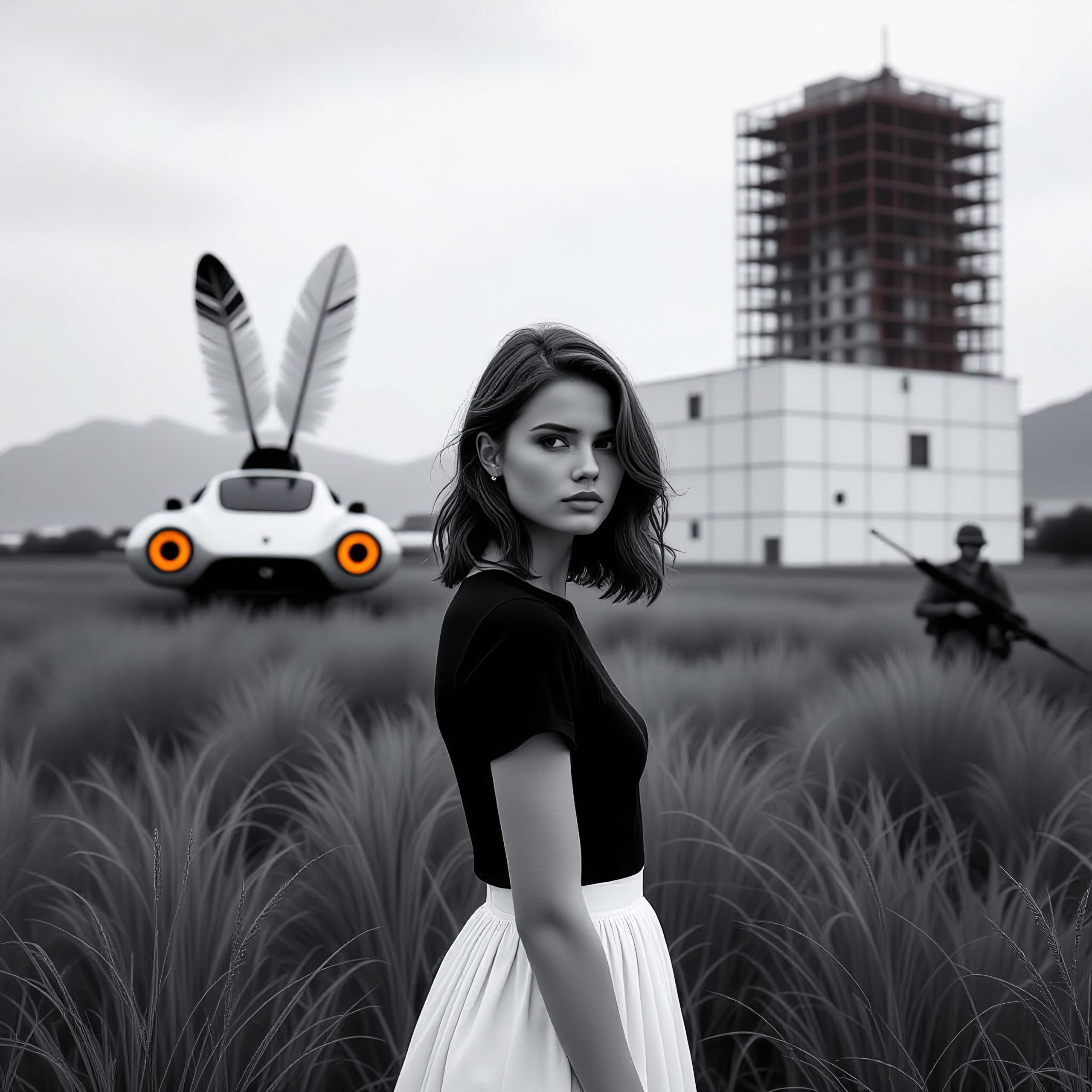 A woman in a field with a futuristic vehicle and soldier nearby.