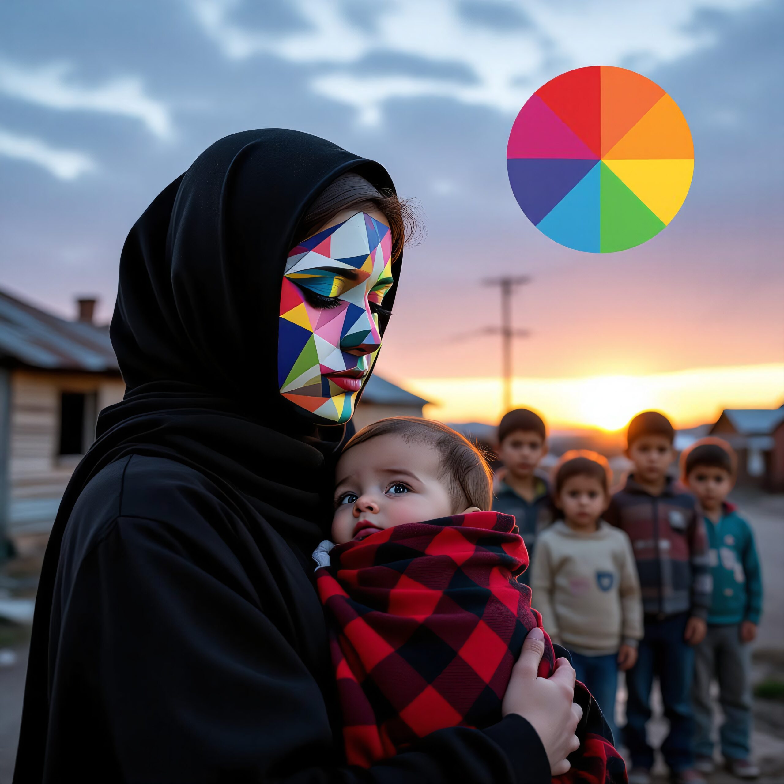 Woman with colorful geometric face art holding a baby in a rural sunset setting.
