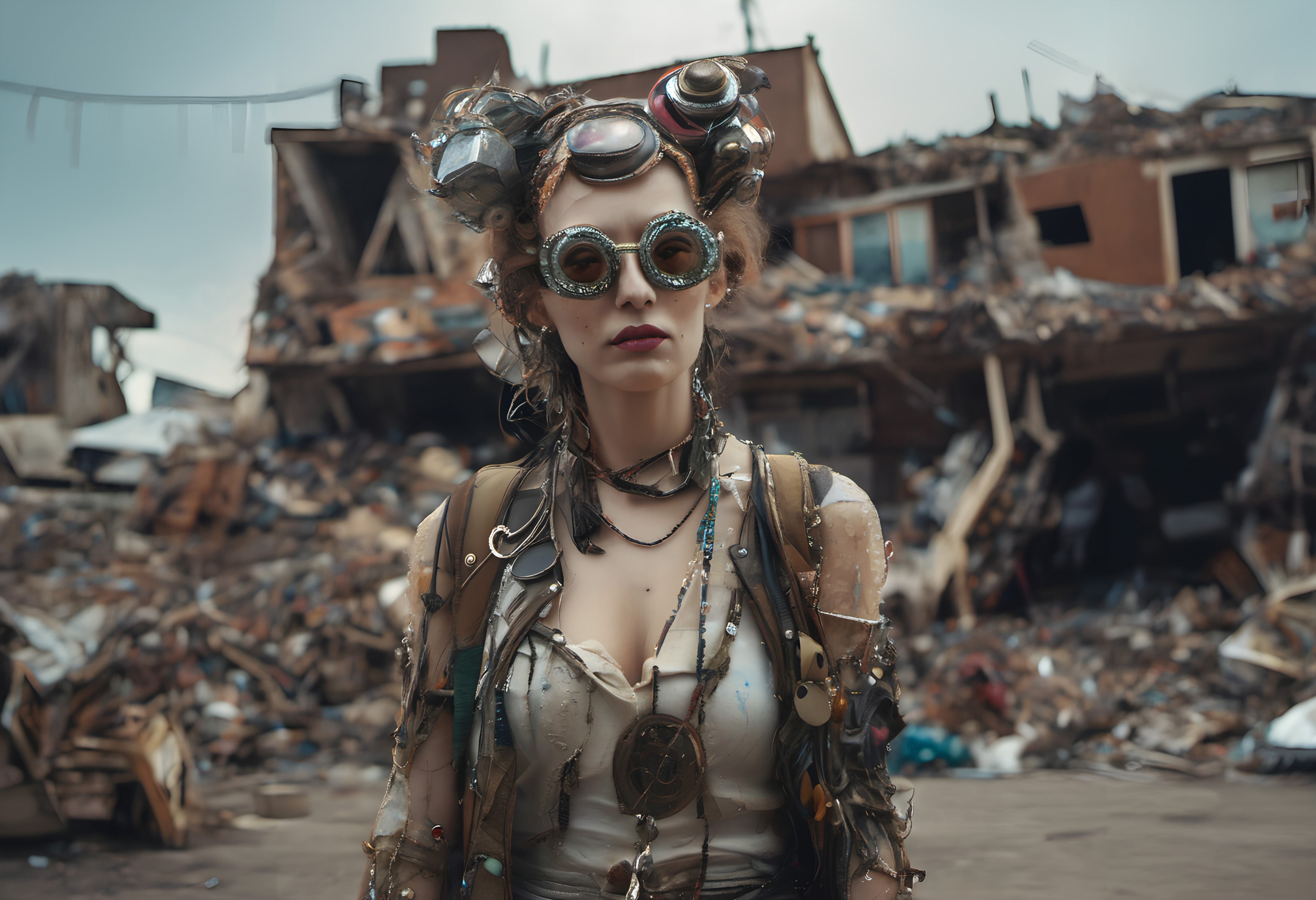 Steampunk-inspired woman in post-apocalyptic setting amidst rubble and chaos.