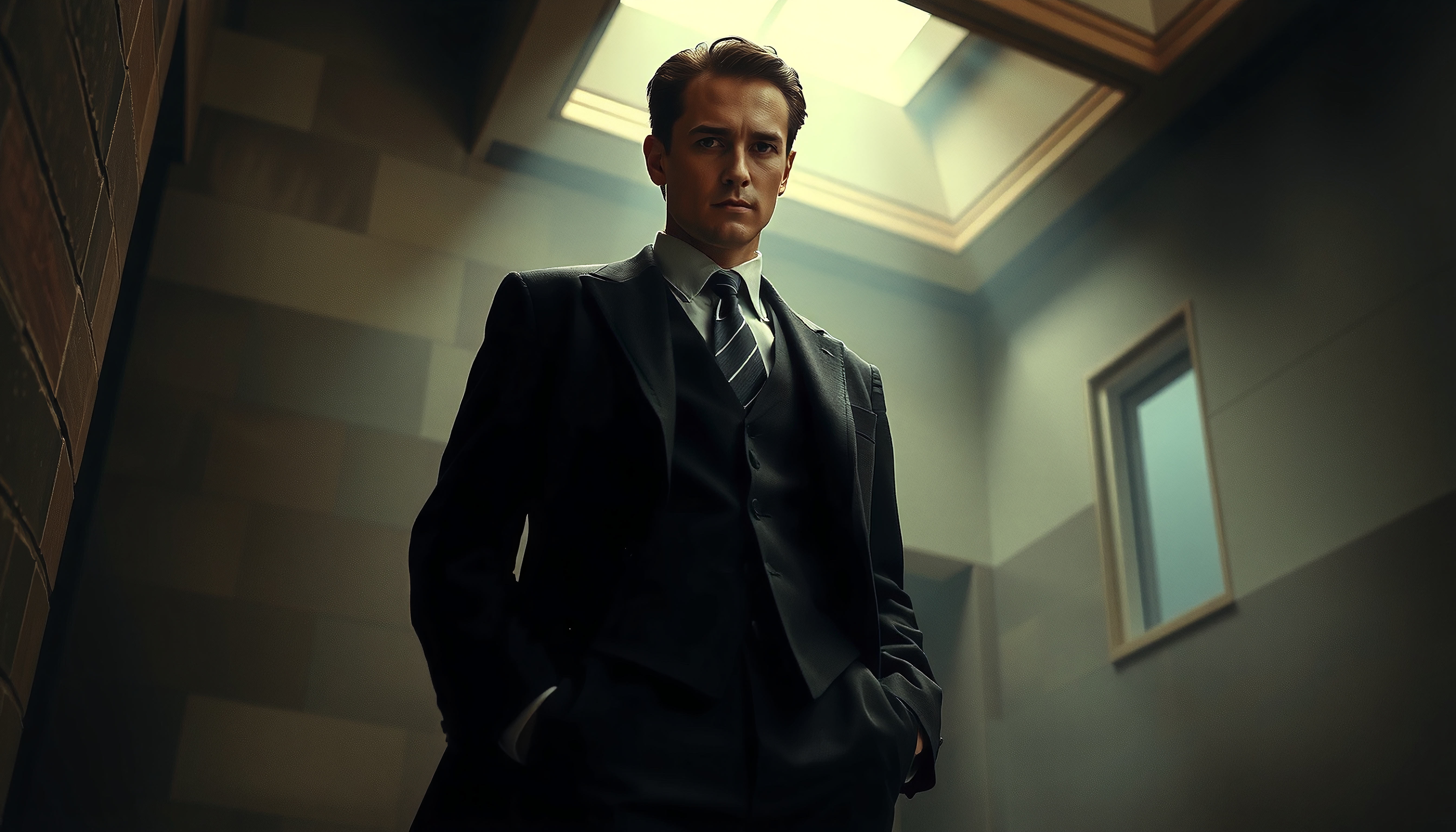 A man in a suit stands confidently under a skylight, creating a dramatic and sophisticated atmosphere.