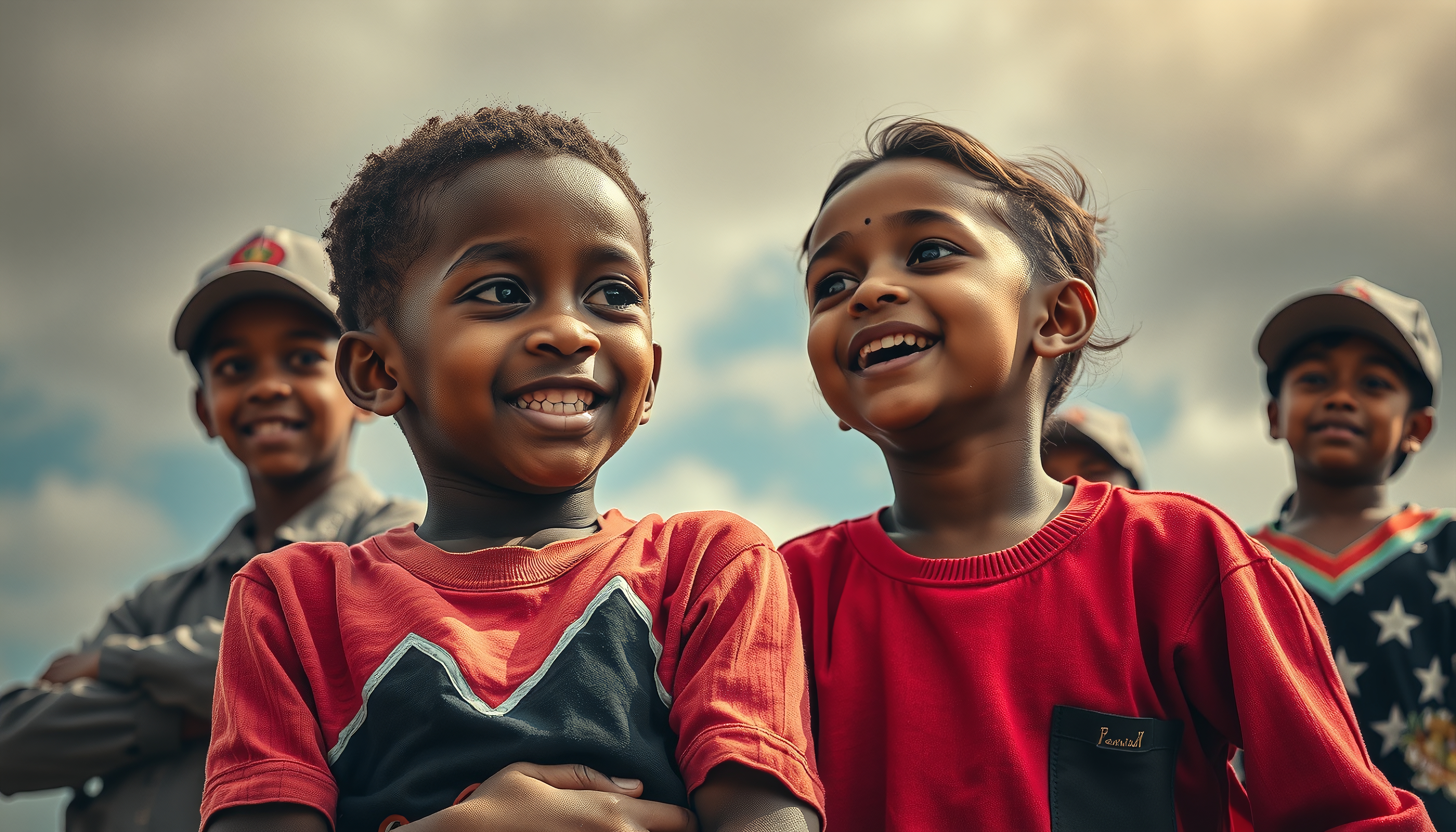 A group of happy children smiling outdoors under a cloudy sky, showcasing friendship and joy.