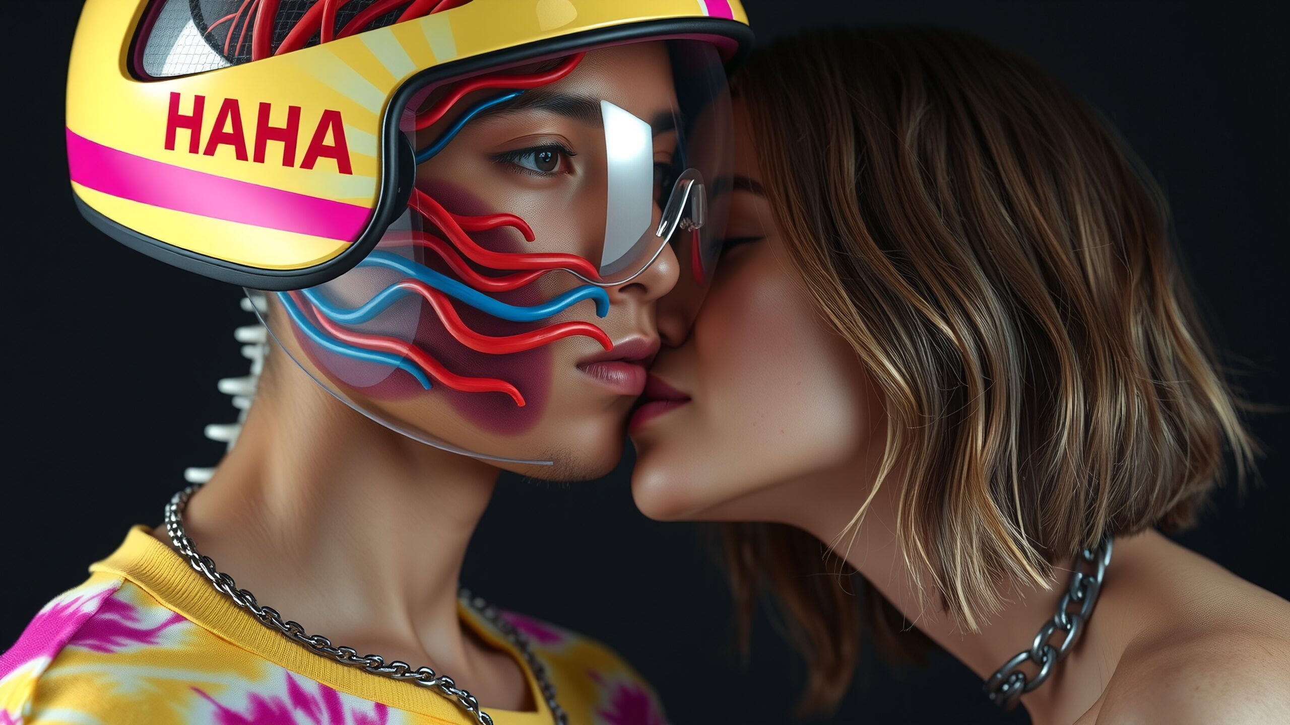 Close-up of two people, one wearing a colorful "HAHA" helmet and vibrant futuristic attire, as the other whispers closely.