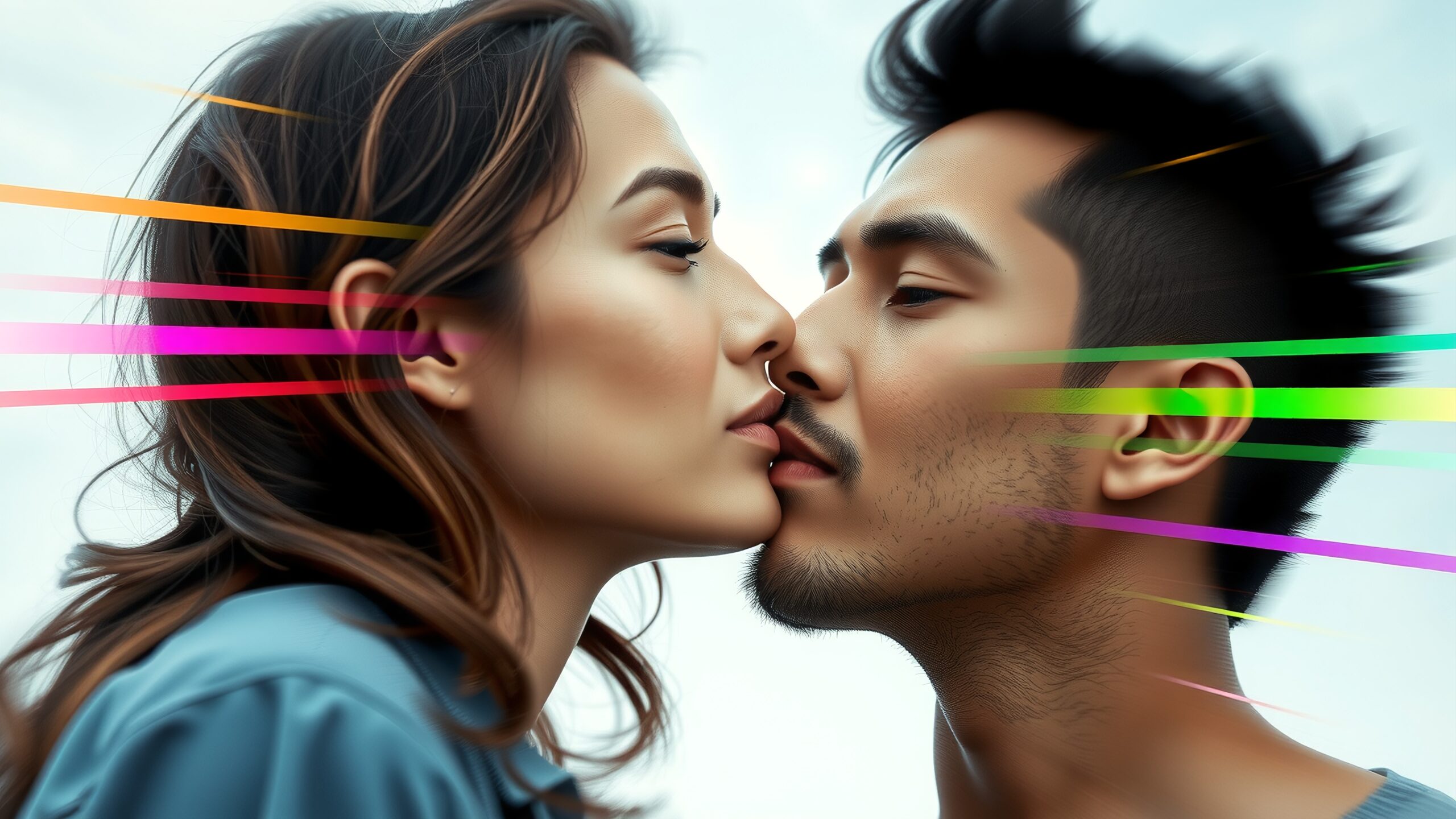 Artistic photo of a couple about to kiss, with colorful streaks and a serene backdrop.