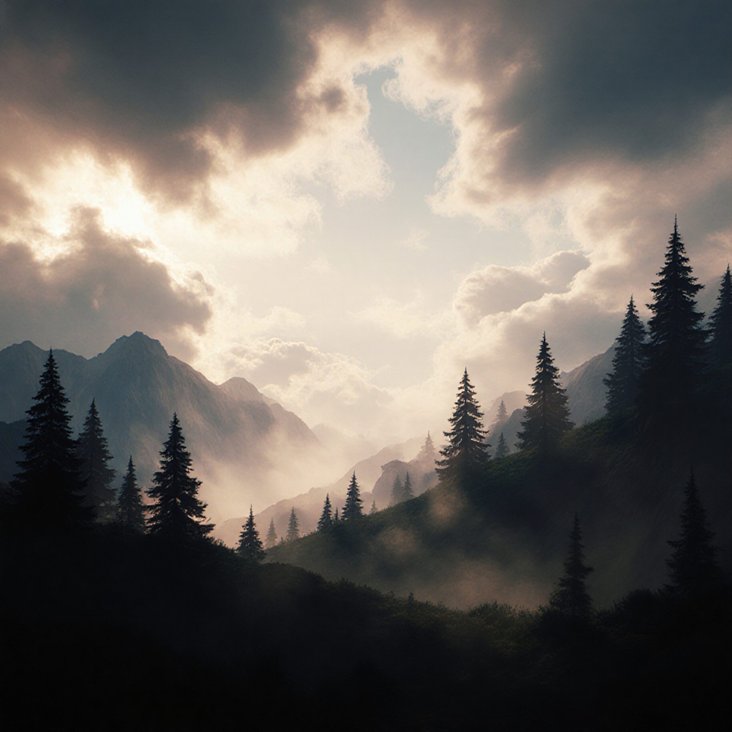 Breathtaking forested mountainscape with mist.