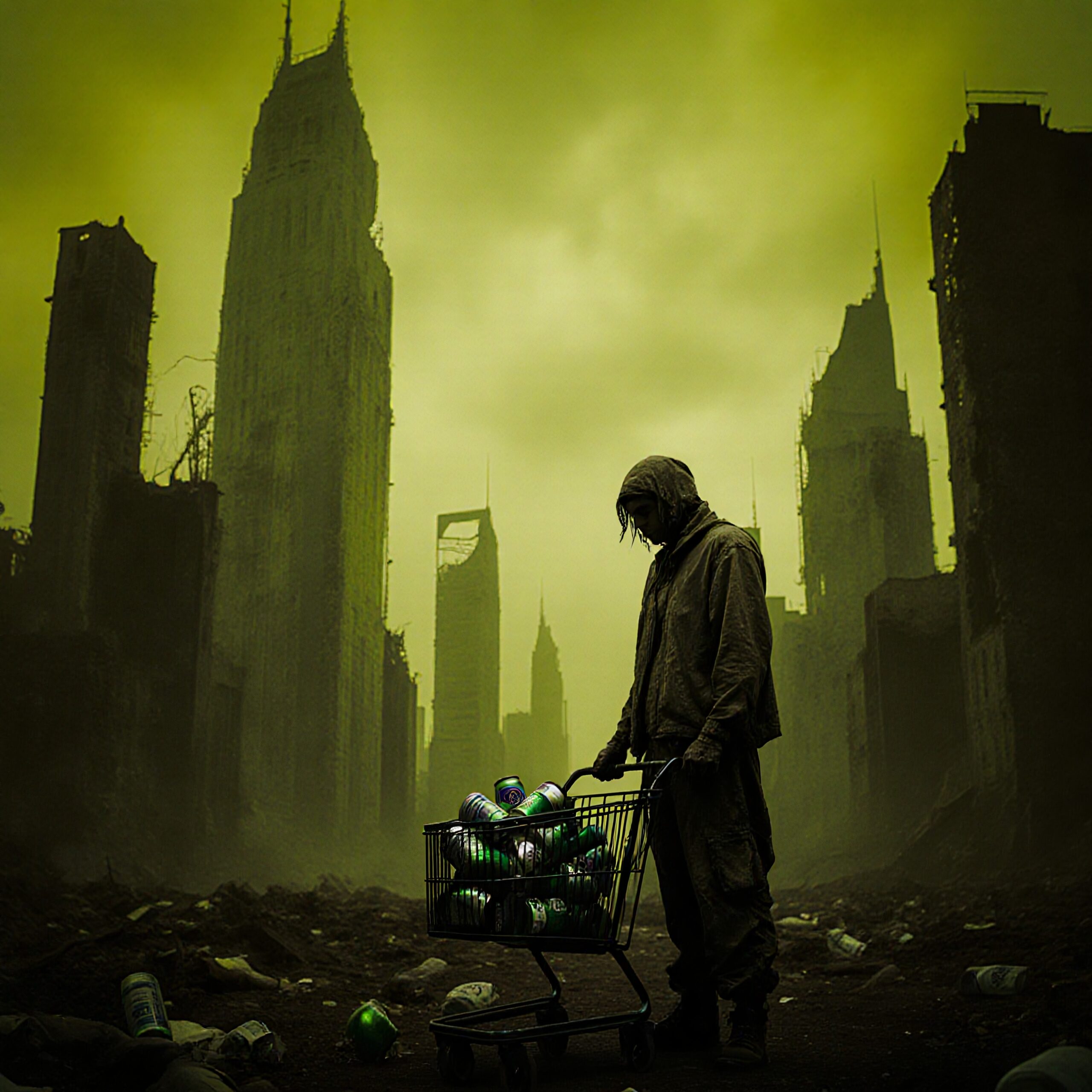 A hooded figure pushes a shopping cart filled with cans in a desolate, post-apocalyptic cityscape with towering, decayed skyscrapers under a greenish sky.