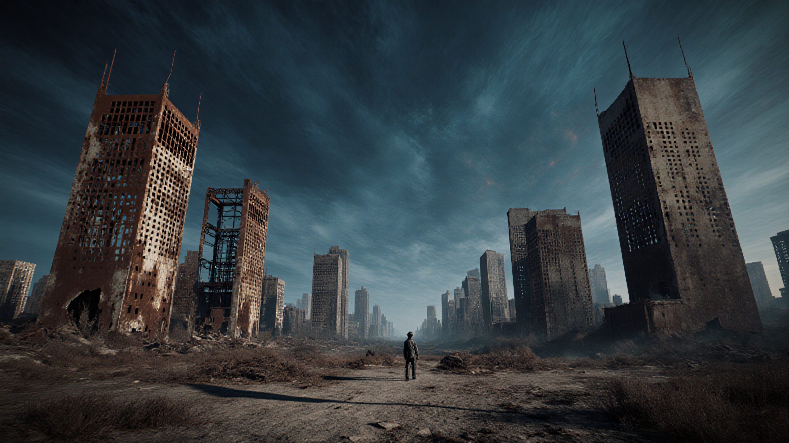 A solitary figure amid crumbling skyscrapers in a post-apocalyptic urban landscape.