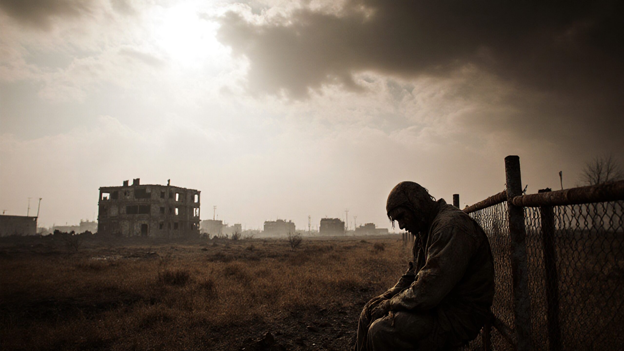 A lone figure in desolate landscape.