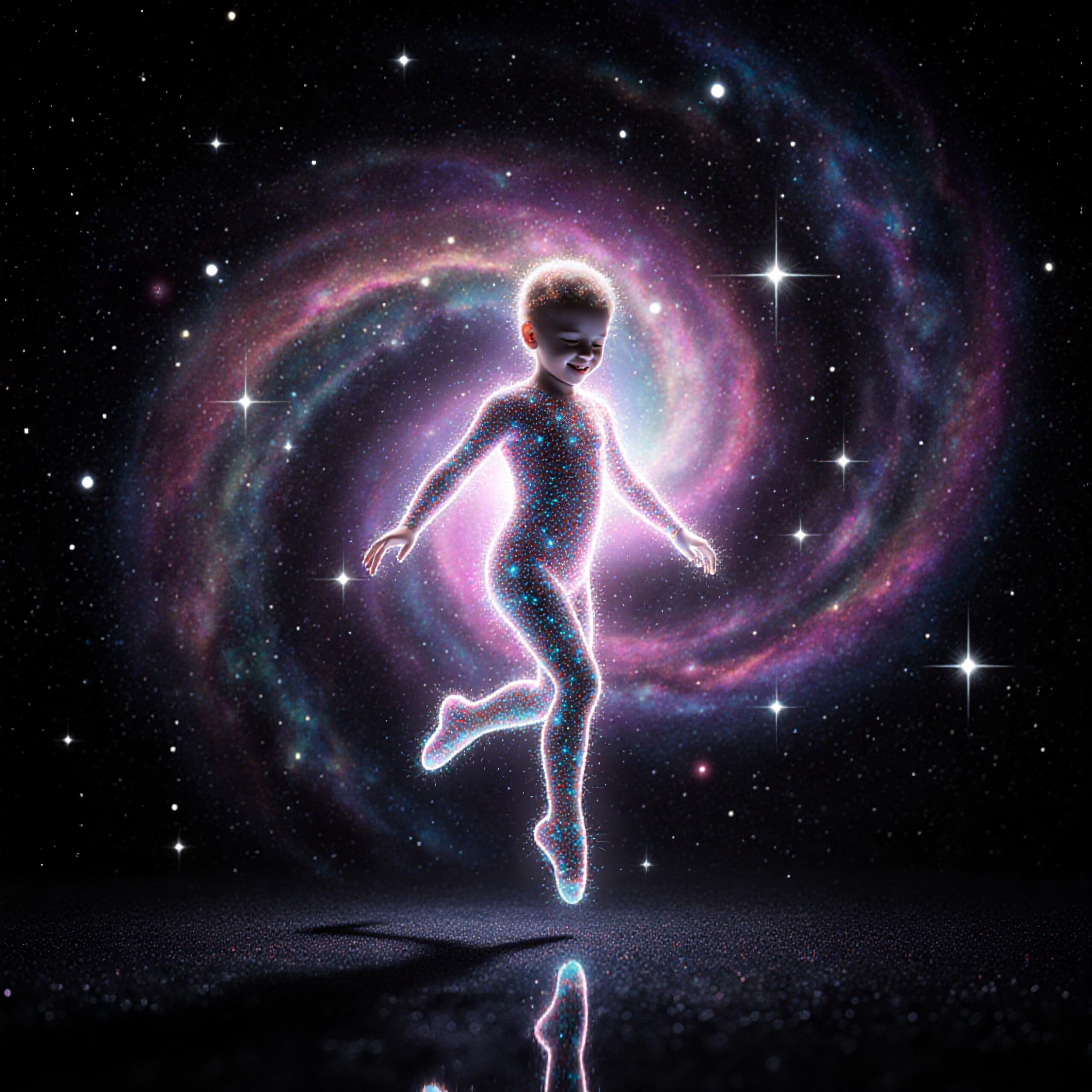 A child-like figure dances in a glowing galaxy background, surrounded by stars.