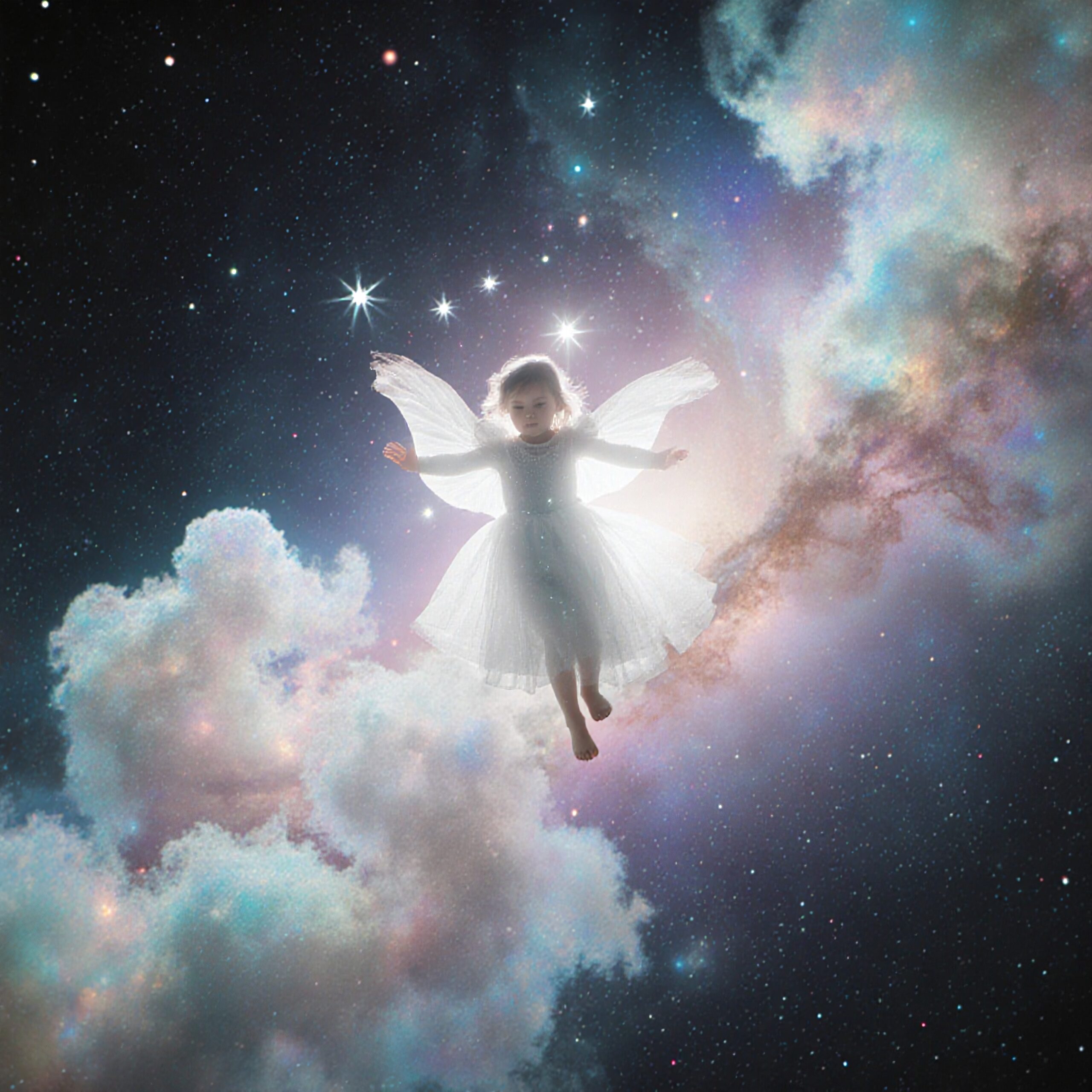 A child fairy floats in a mystical starry sky, surrounded by ethereal clouds and a cosmic glow.