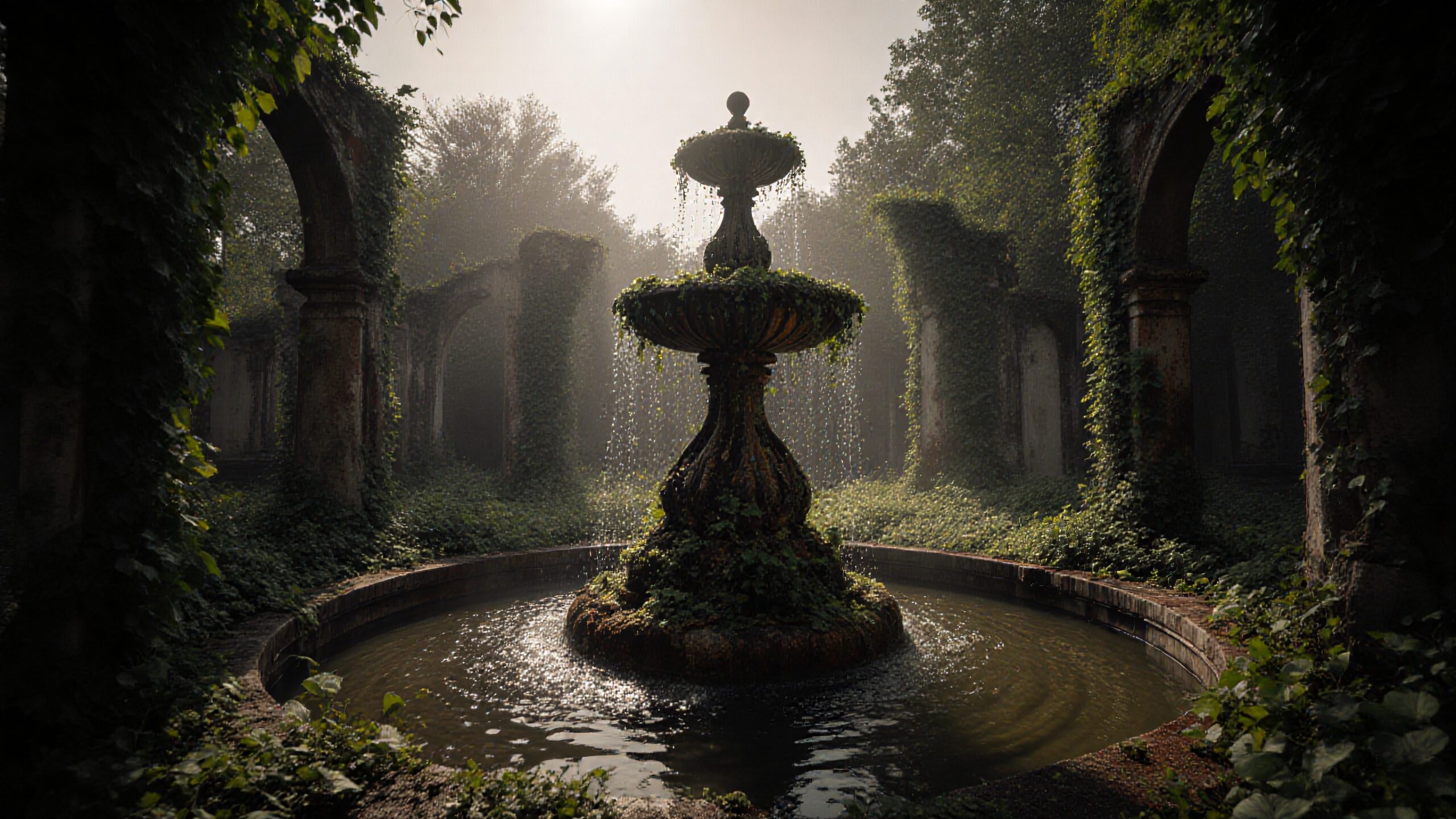 A vintage fountain is surrounded by ivy-covered columns in an overgrown and sunlit courtyard.