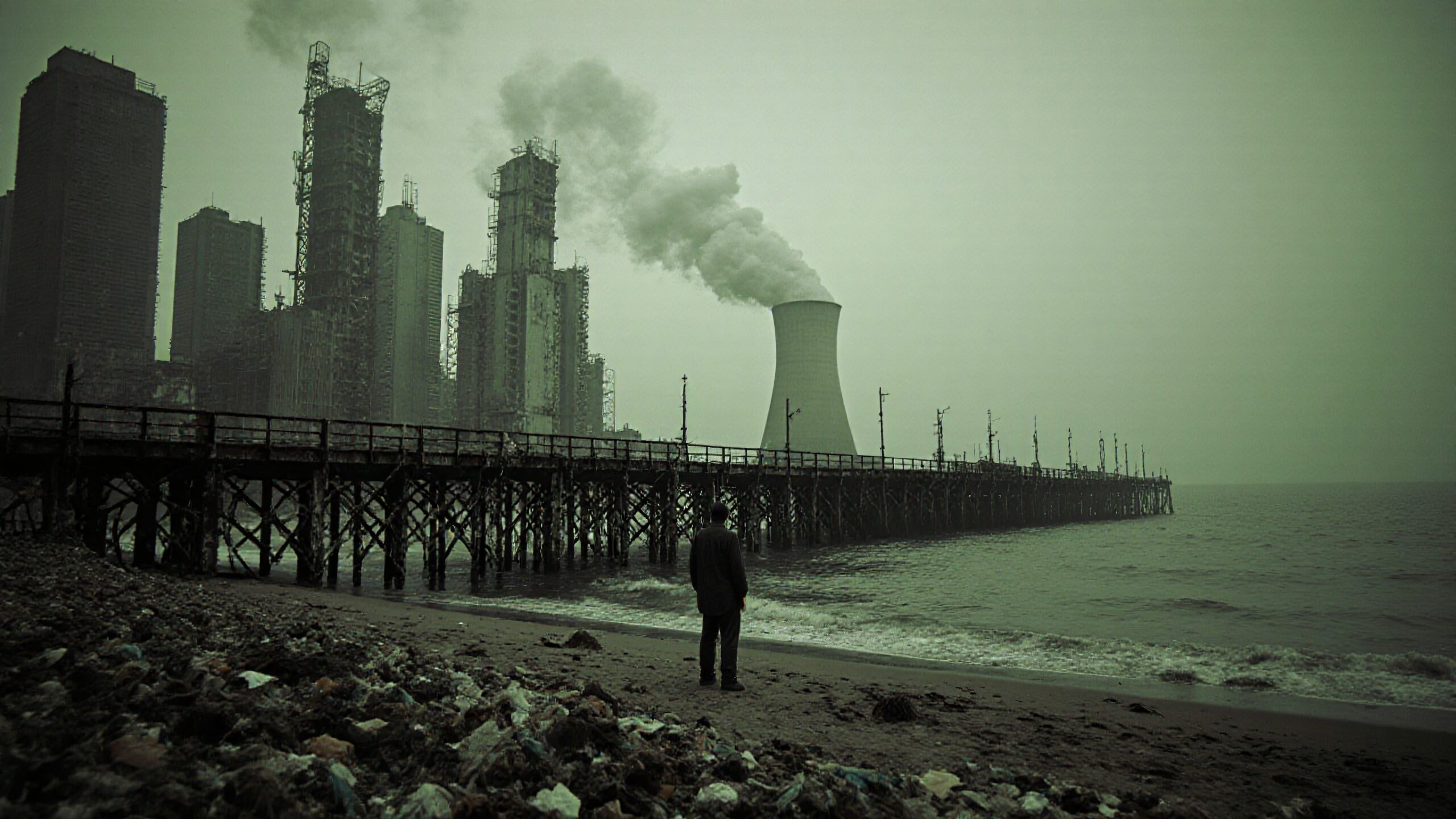 A man stands on a beach, facing a polluted, industrial cityscape with smoke rising from a cooling tower.