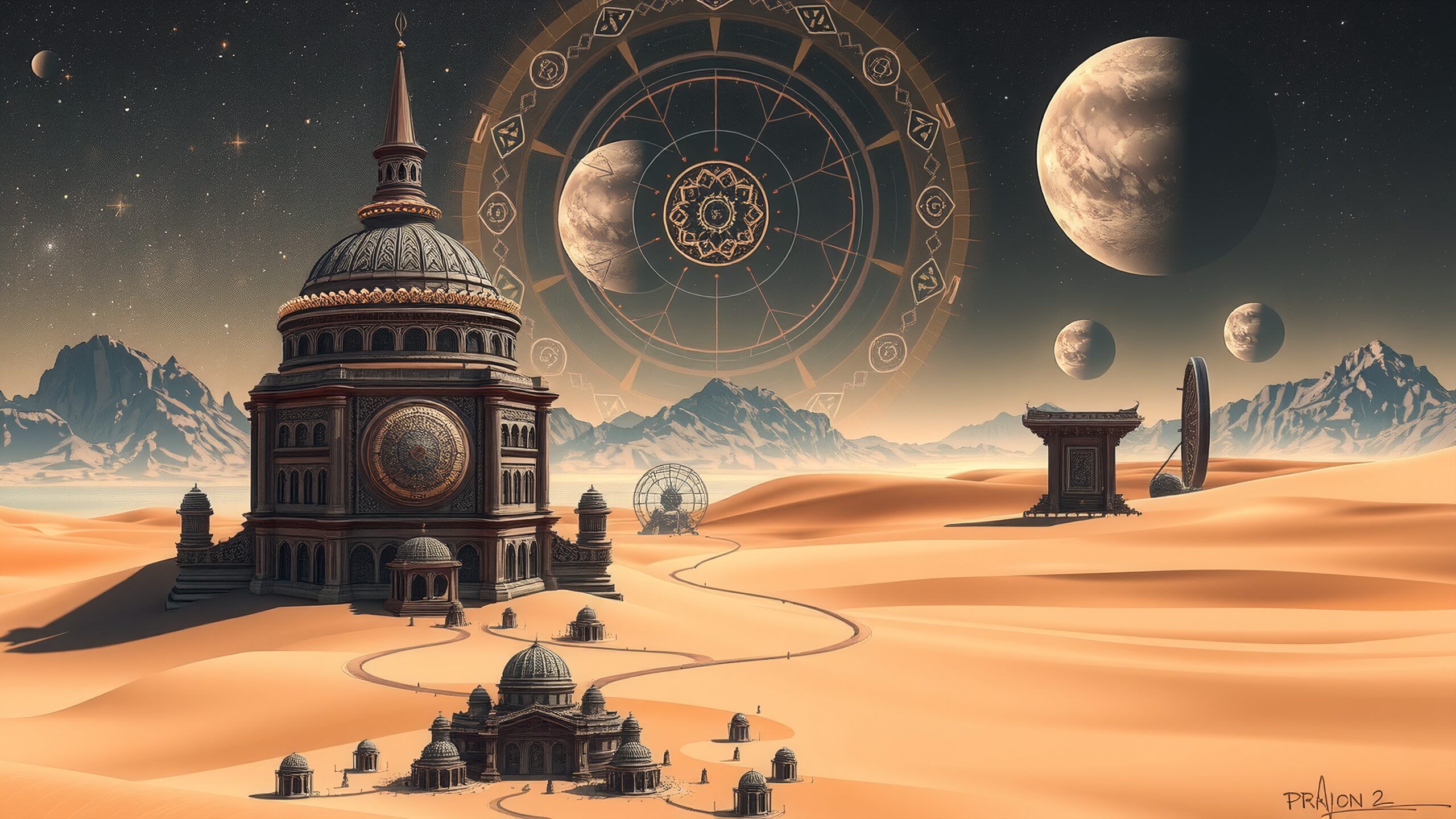 Intricate desert realm with celestial elements under a starry sky.