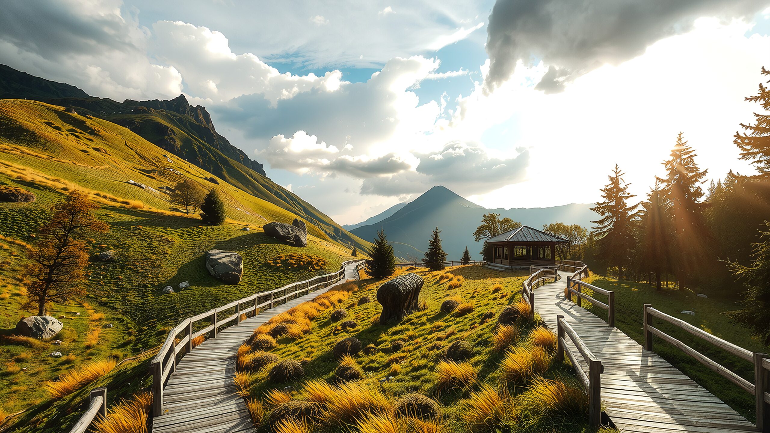 Serene mountain landscape with boardwalk and cabin at sunset.