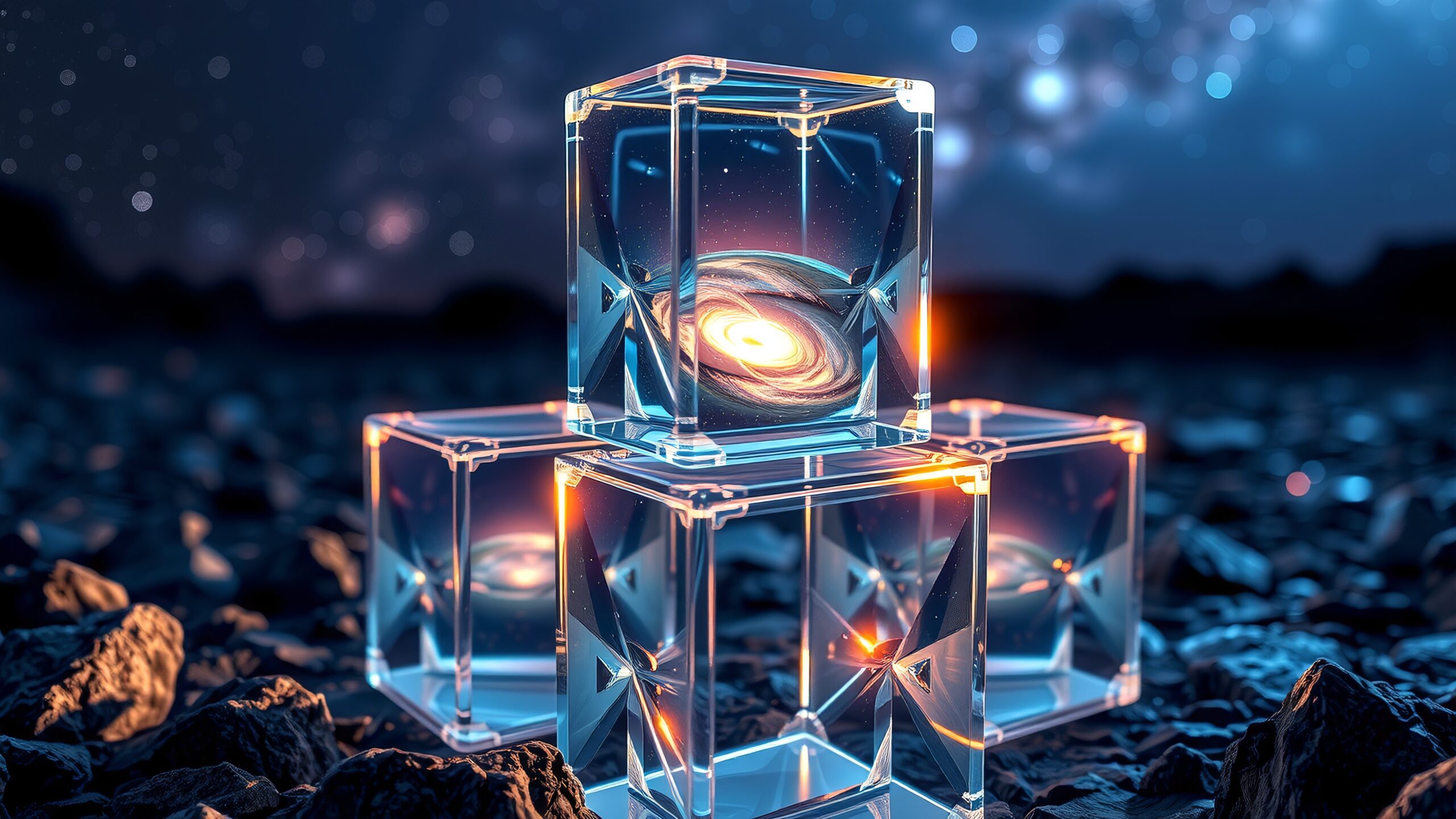 Glowing galaxies encapsulated in glass cubes under a starry sky.