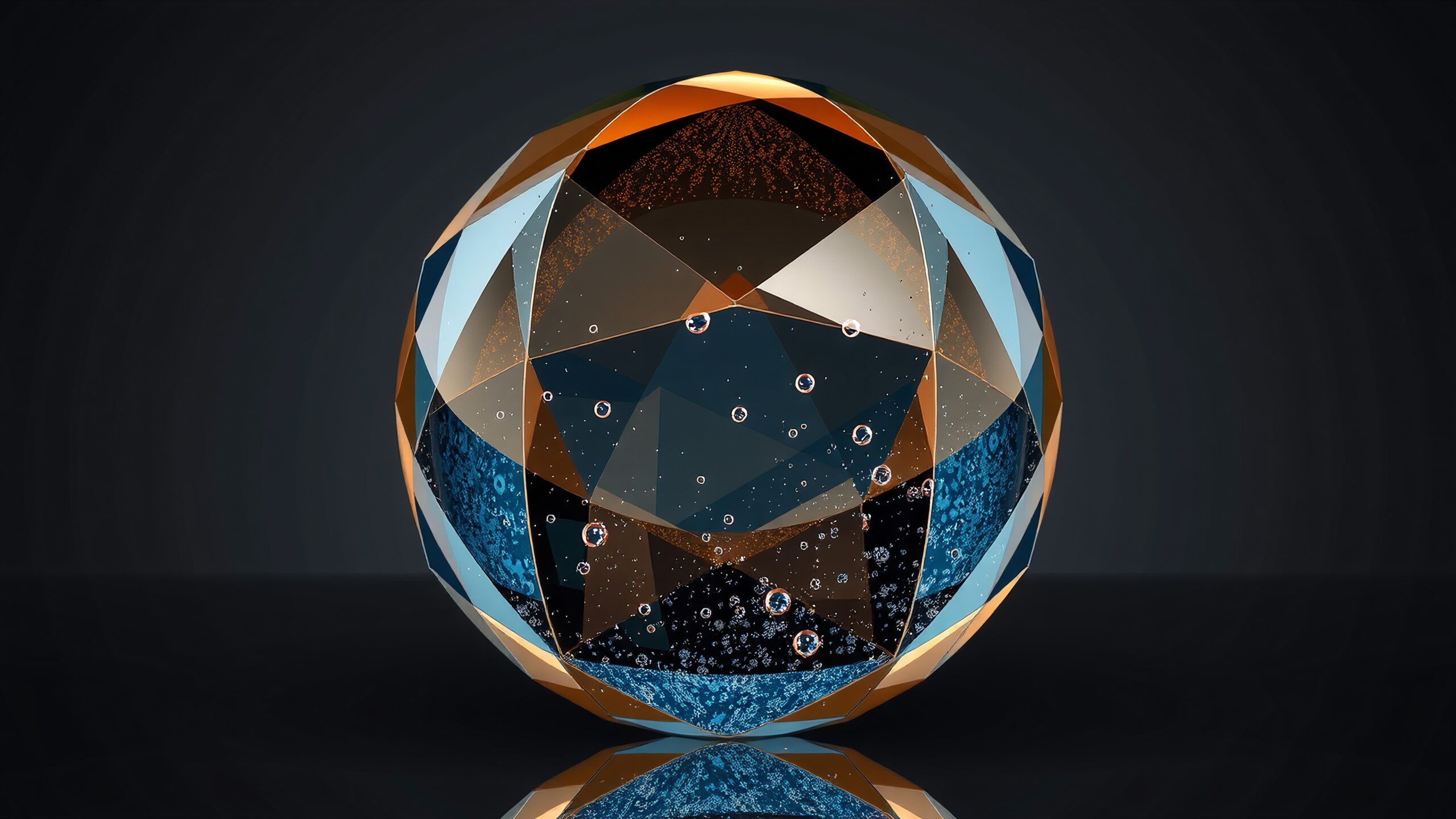 Intricate glass sphere with bubbles, blue and gold reflective design.