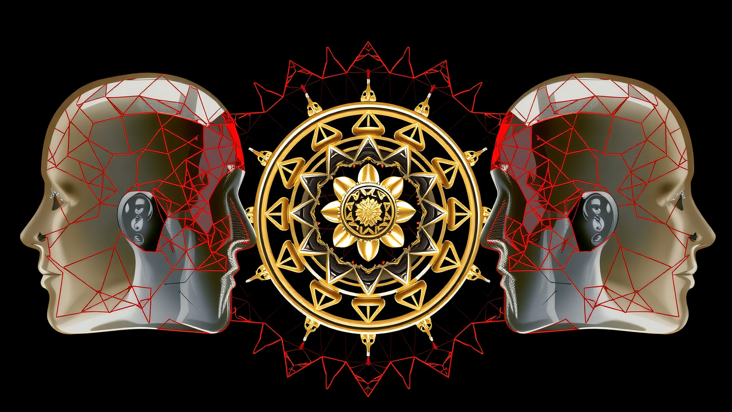 Futuristic art with human head silhouettes and mandala pattern.