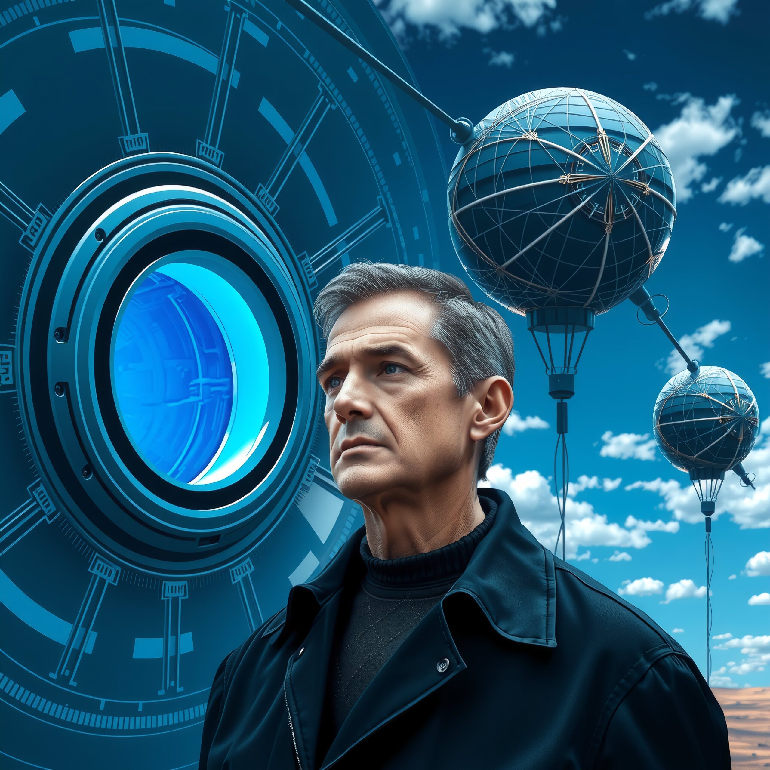 A man stands in a futuristic setting with floating spheres and glowing technology against a bright sky.
