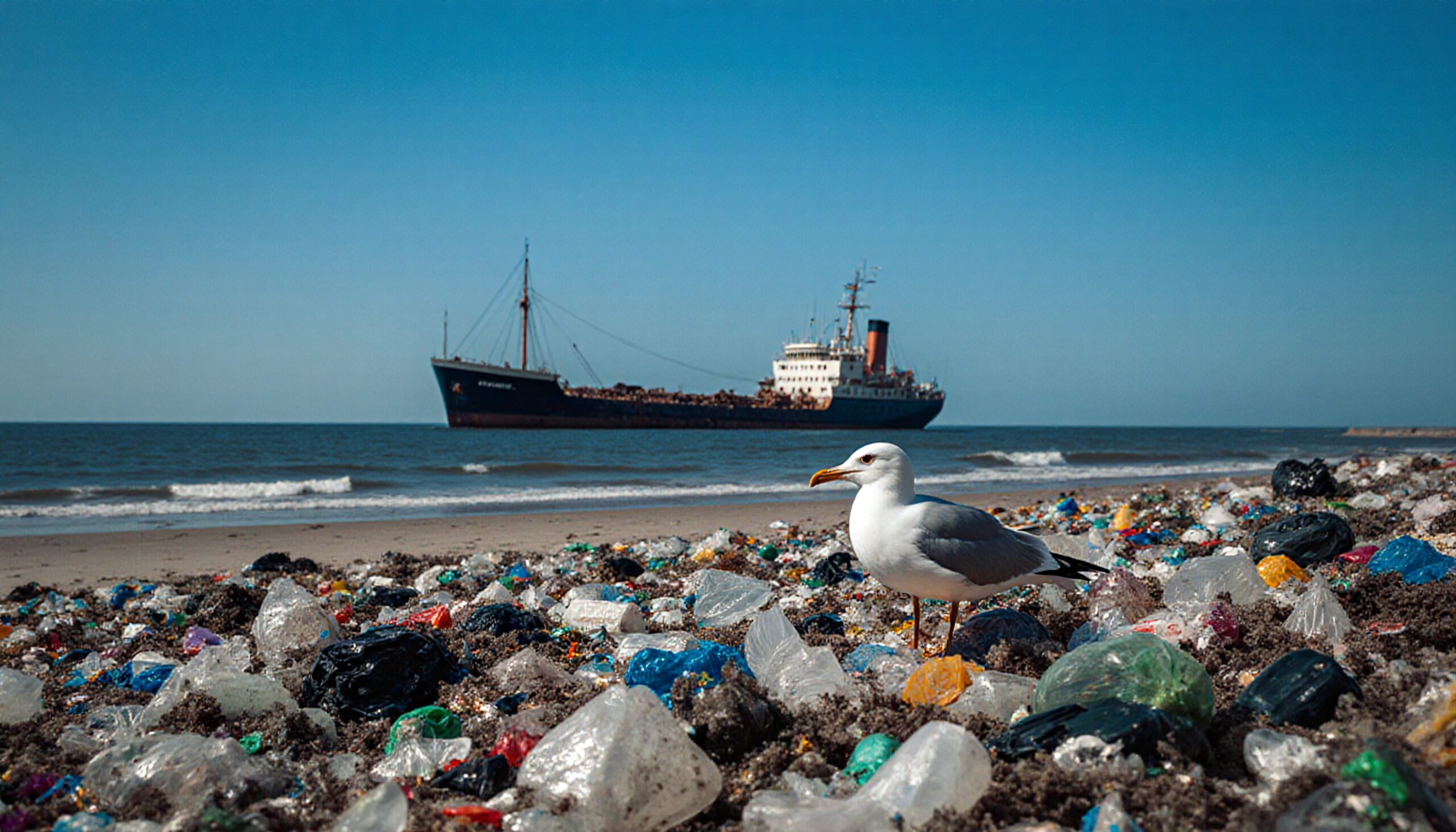 Seagull on polluted beach with plastic and ship in background.