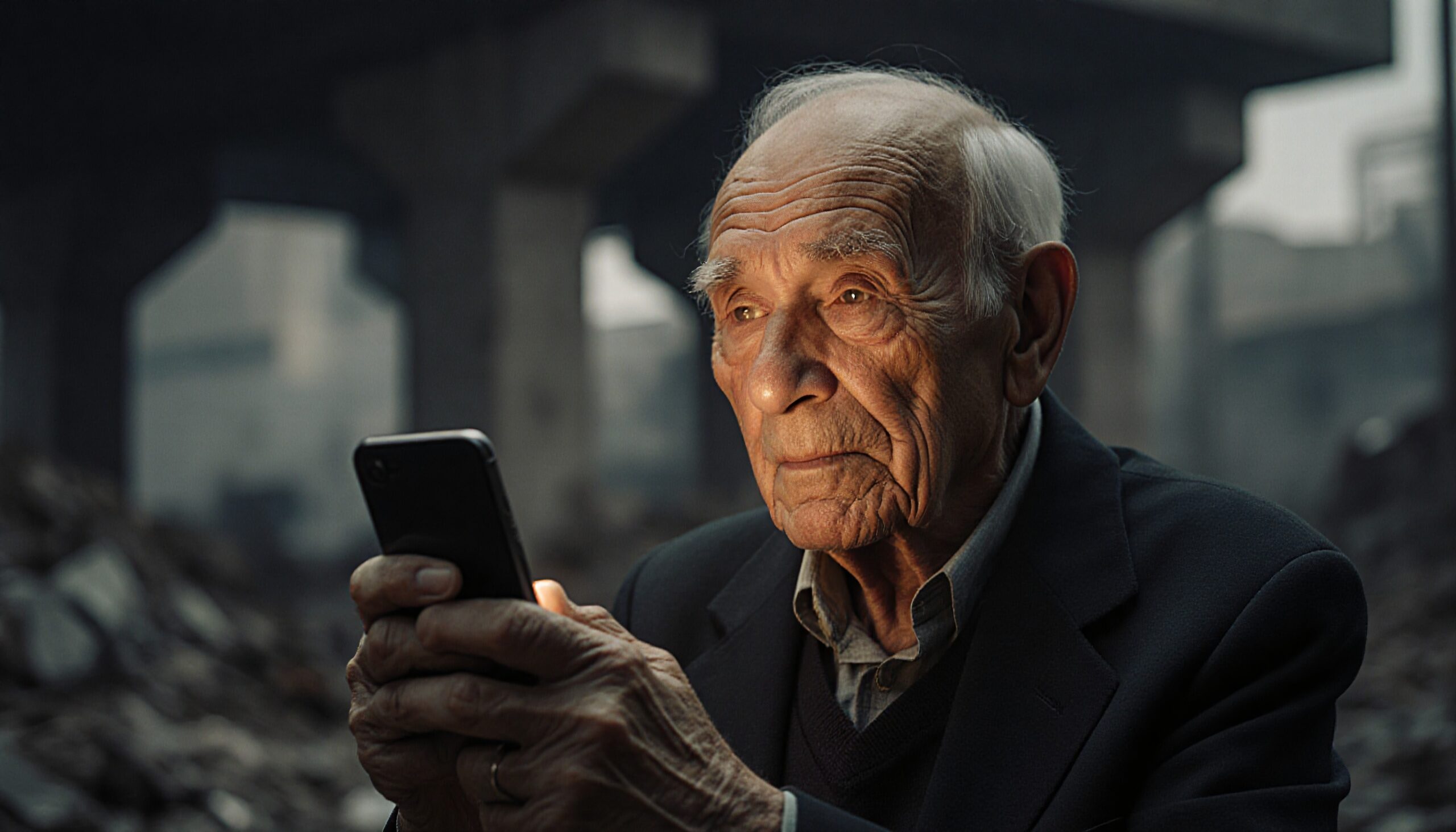 An elderly man in a dark suit focuses intently on a smartphone amid a ruinous backdrop.