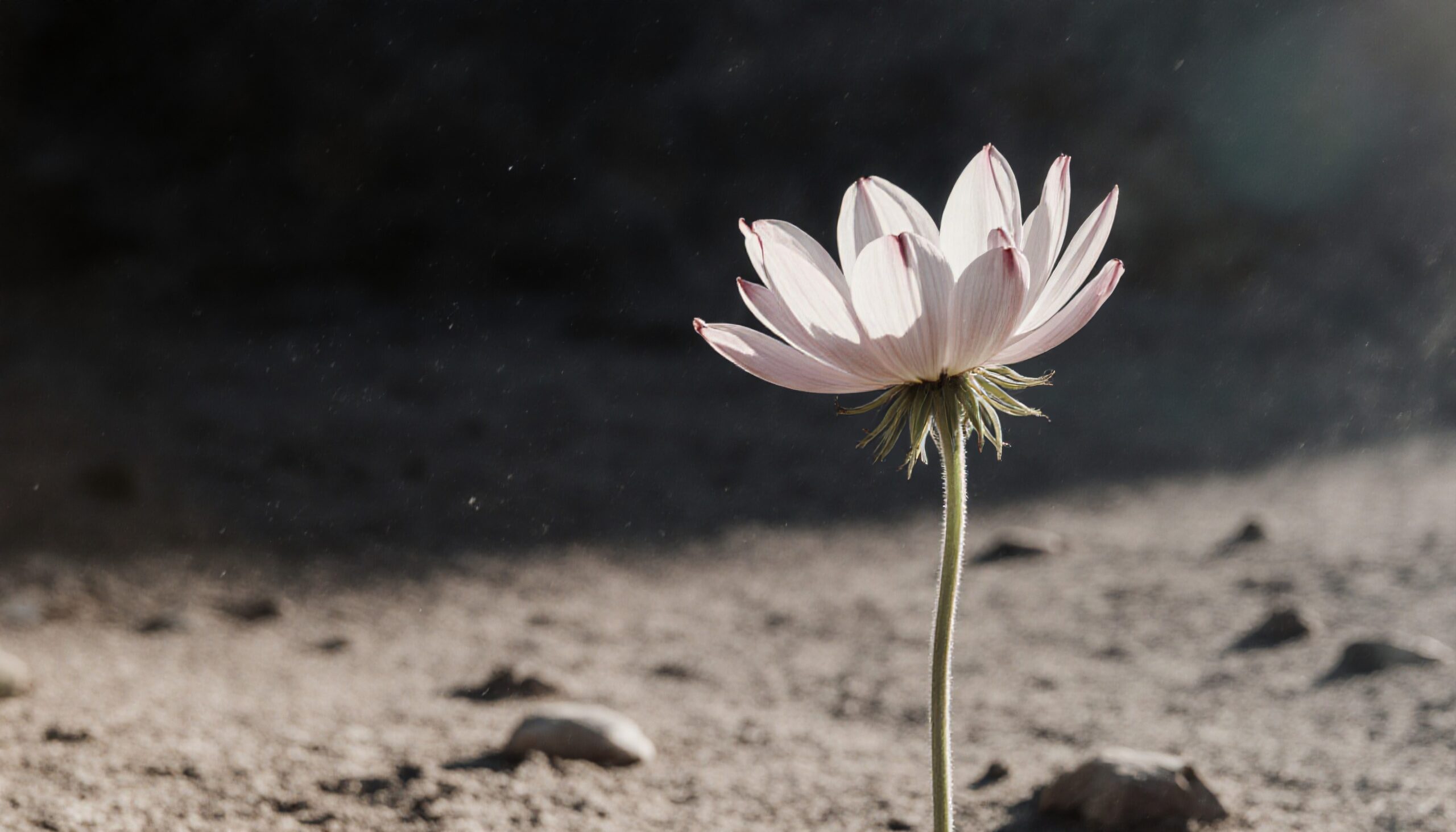 A solitary pink flower blooms resiliently amidst a barren, dusty landscape, illuminated by soft sunlight.