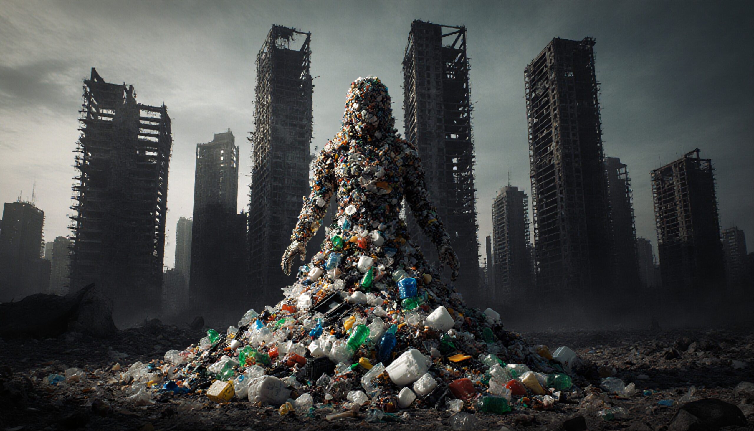 A person-shaped figure of garbage stands in a desolate cityscape surrounded by dilapidated skyscrapers, emphasizing pollution's impact.