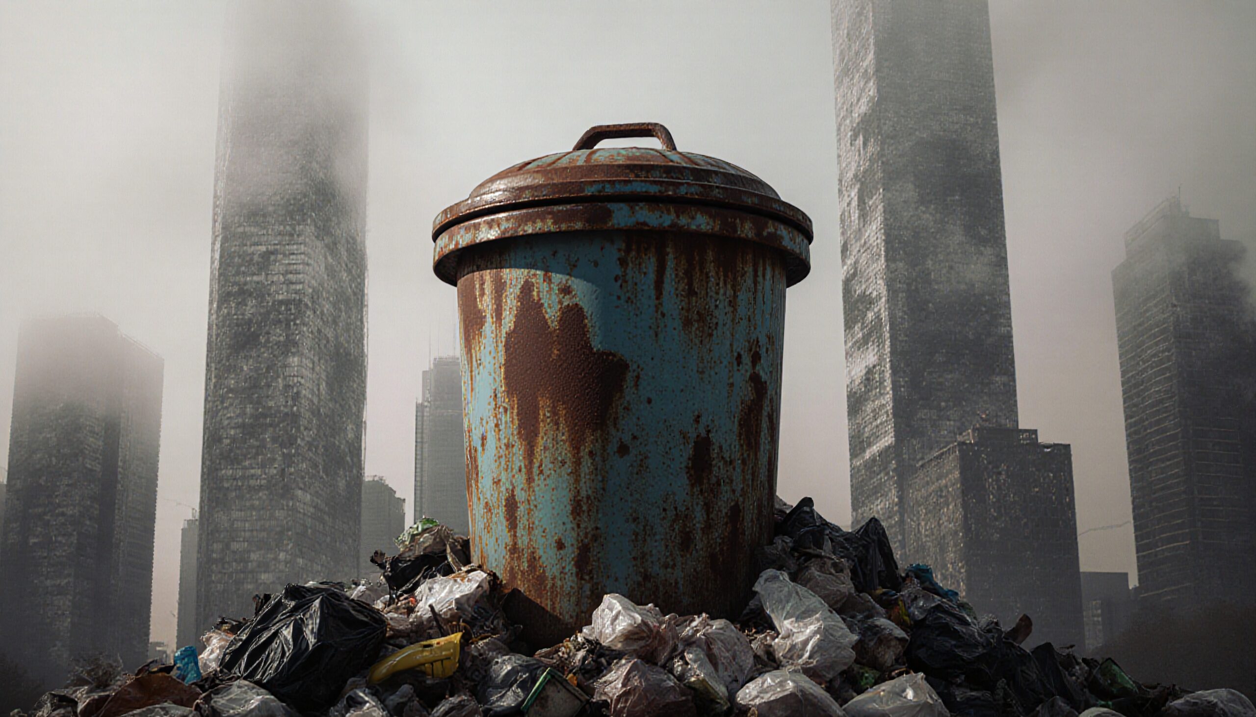 Rusted trash can on garbage heap against a foggy cityscape.