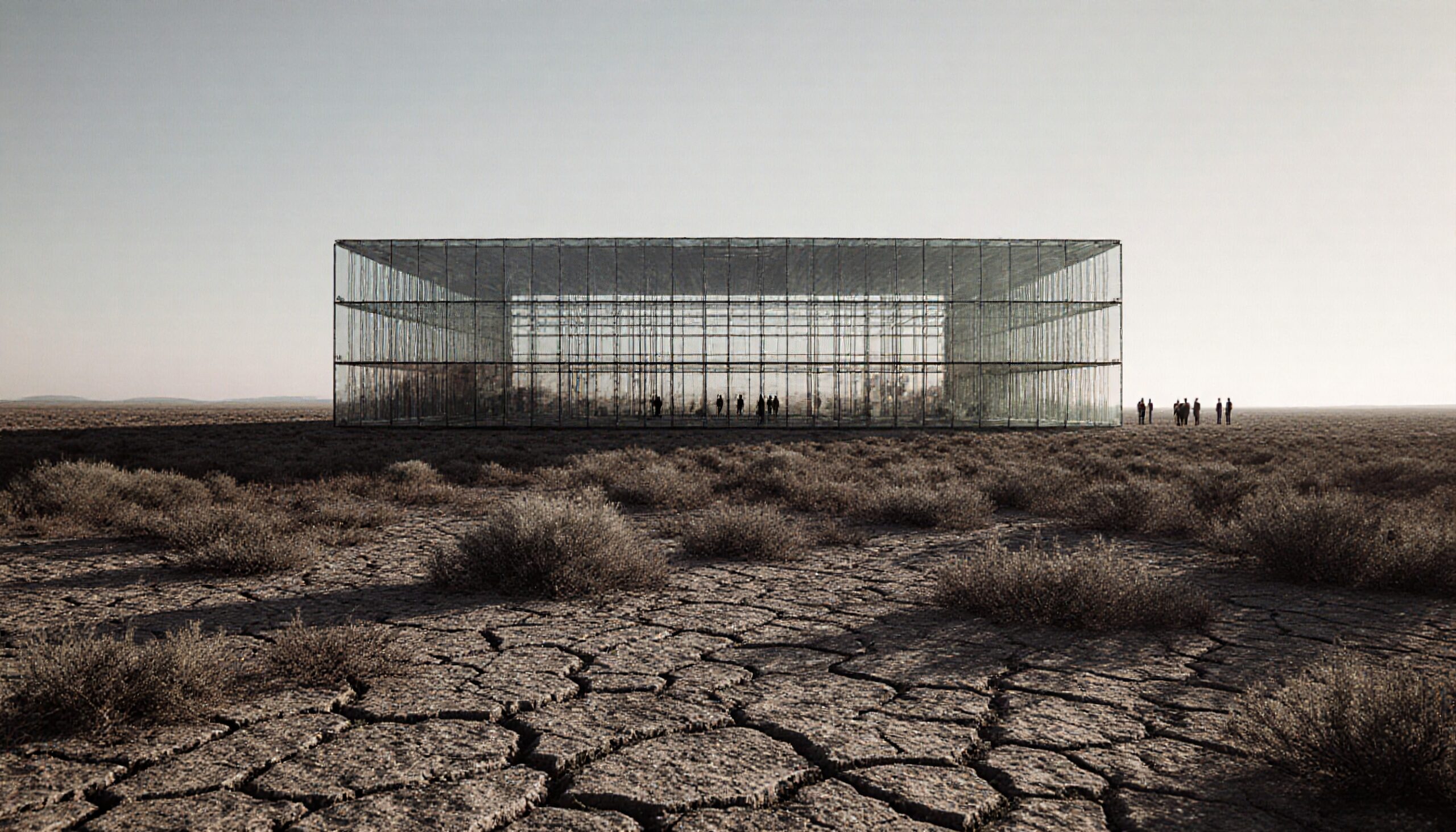 A transparent architectural structure stands alone in a desolate desert landscape, with silhouetted figures visible inside.