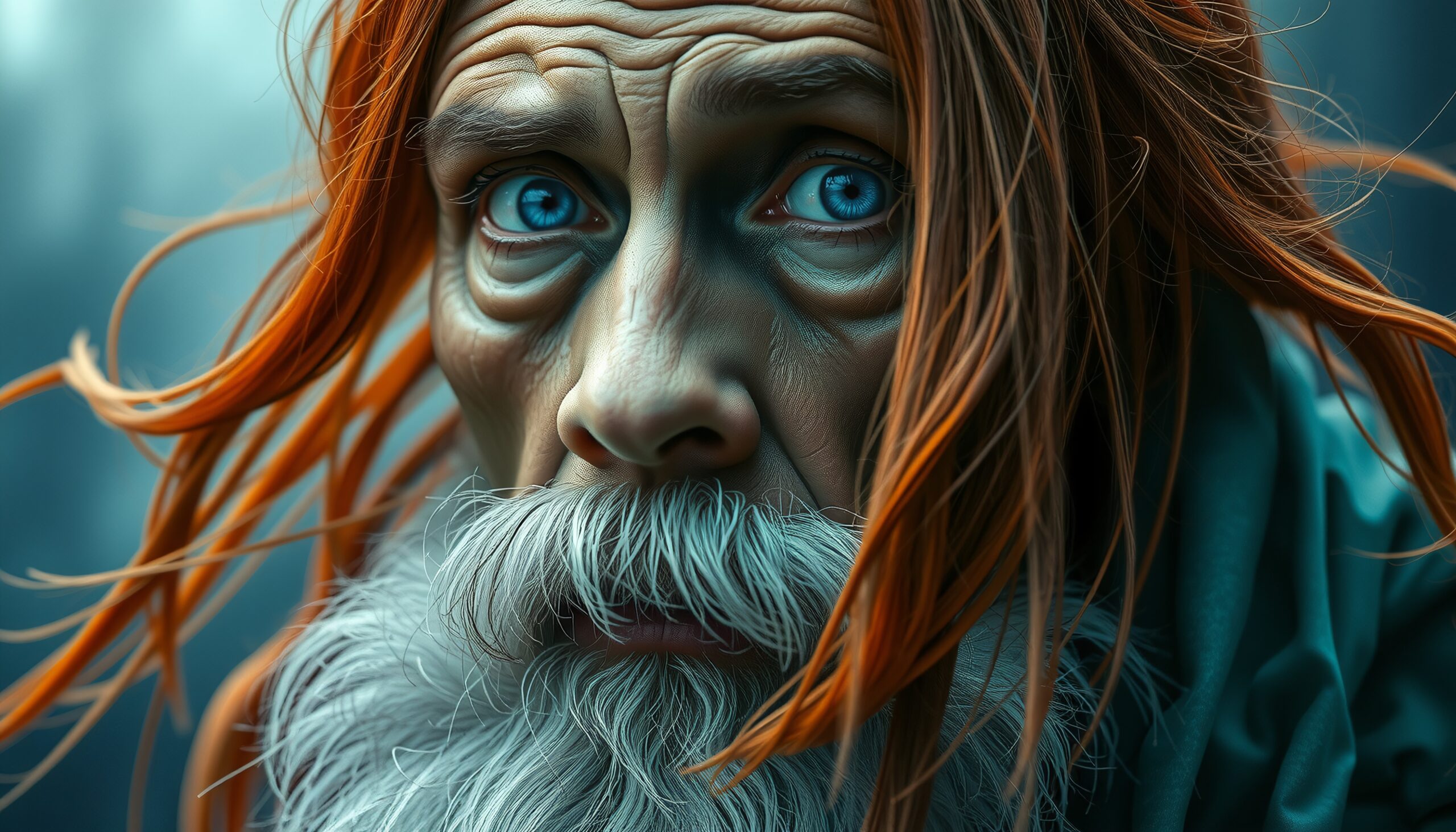 Portrait of an elderly man with striking blue eyes and flowing red hair.