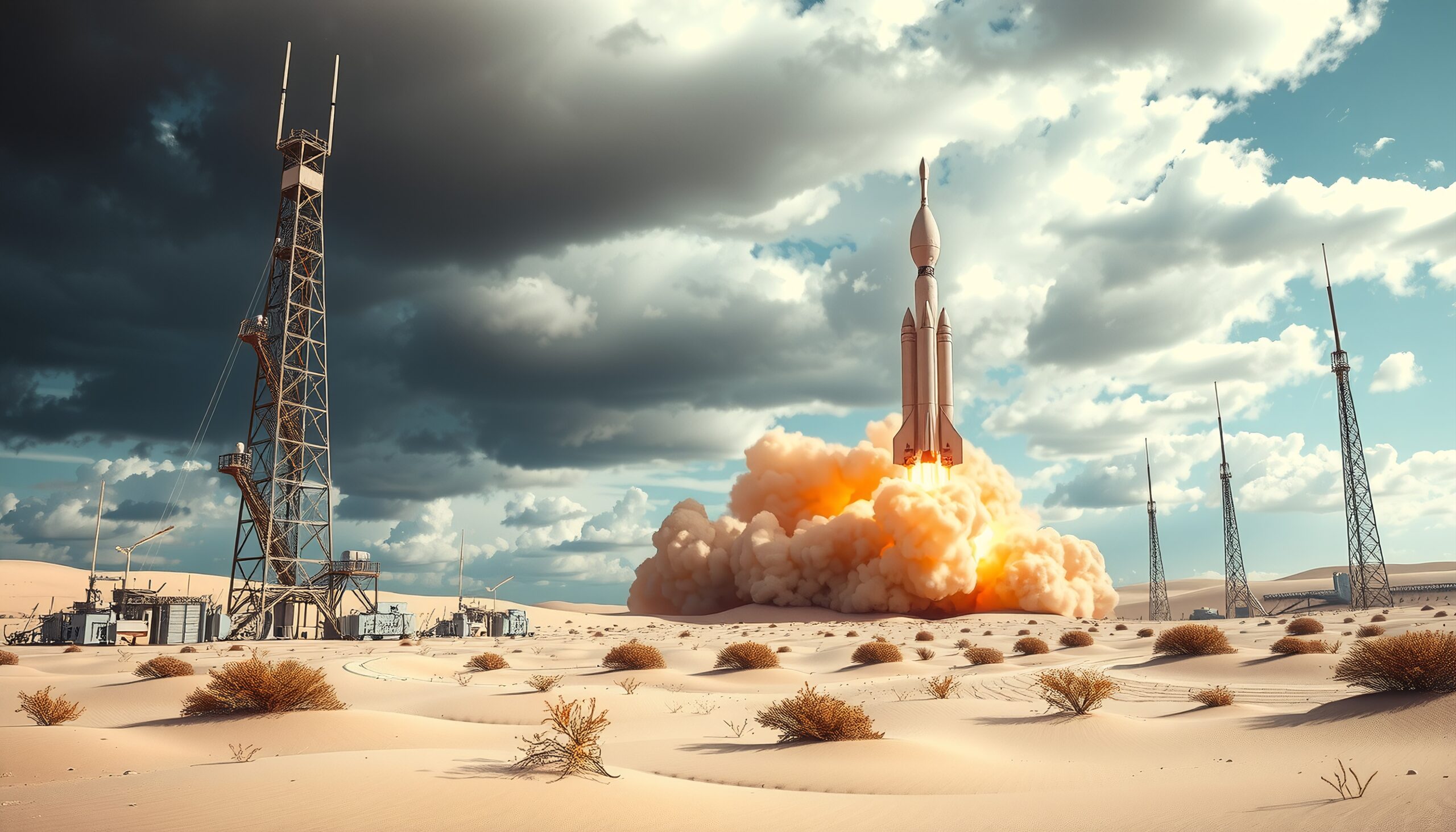 A powerful rocket launches from a desert, trailing smoke and fire under a dramatic sky.
