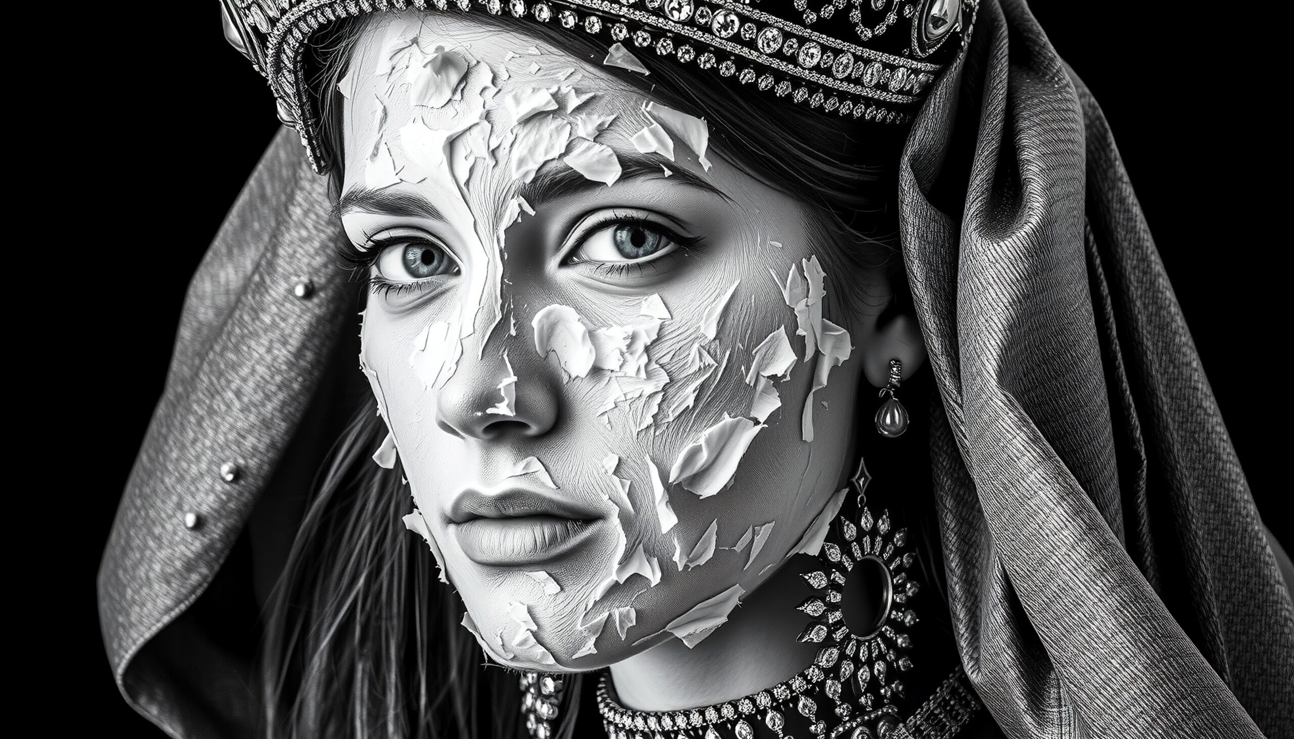 Monochrome woman with ornate jewels and cracked paint.