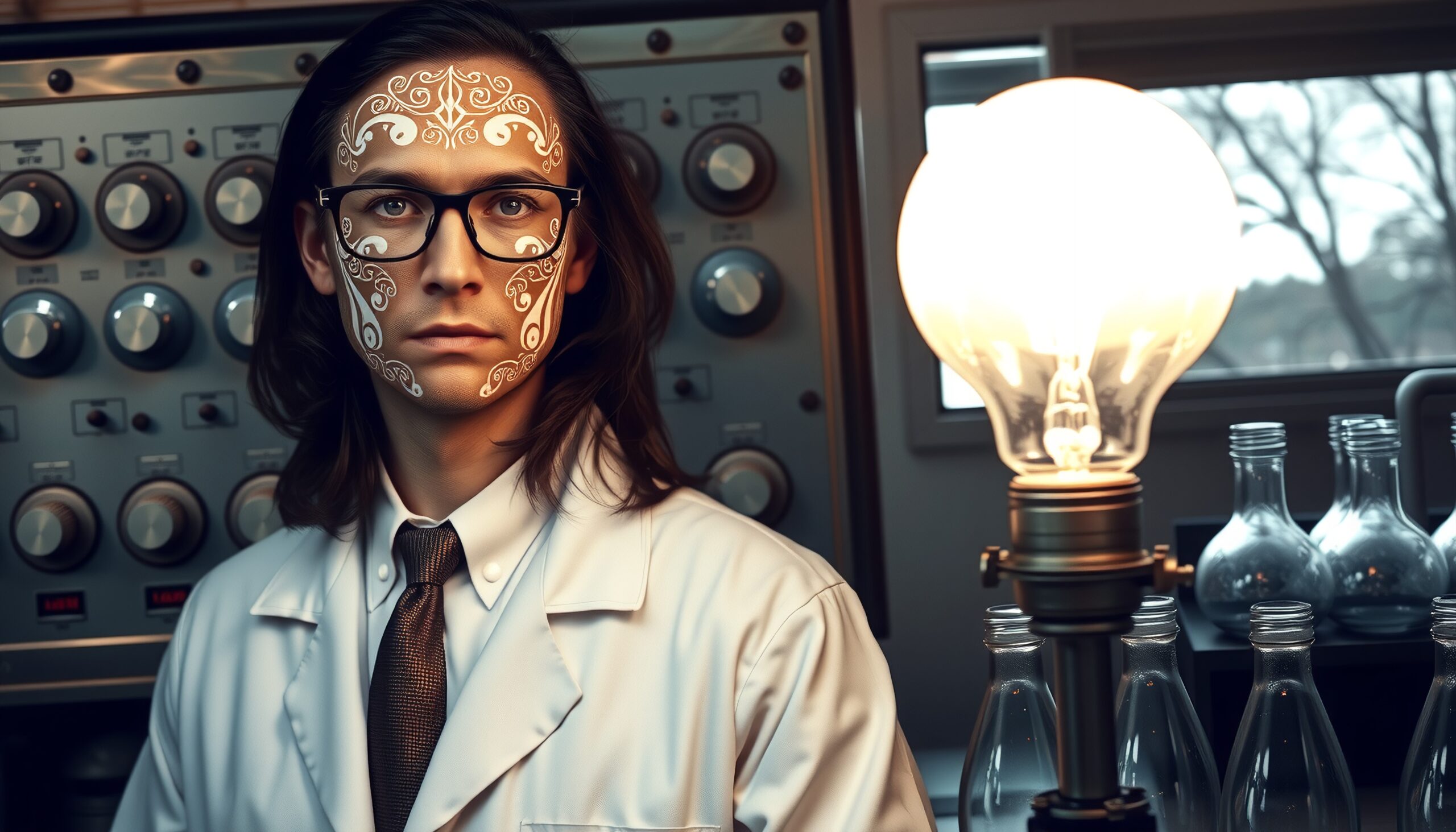 A scientist with intricate face paint stands in a lab, illuminated by a large light bulb.