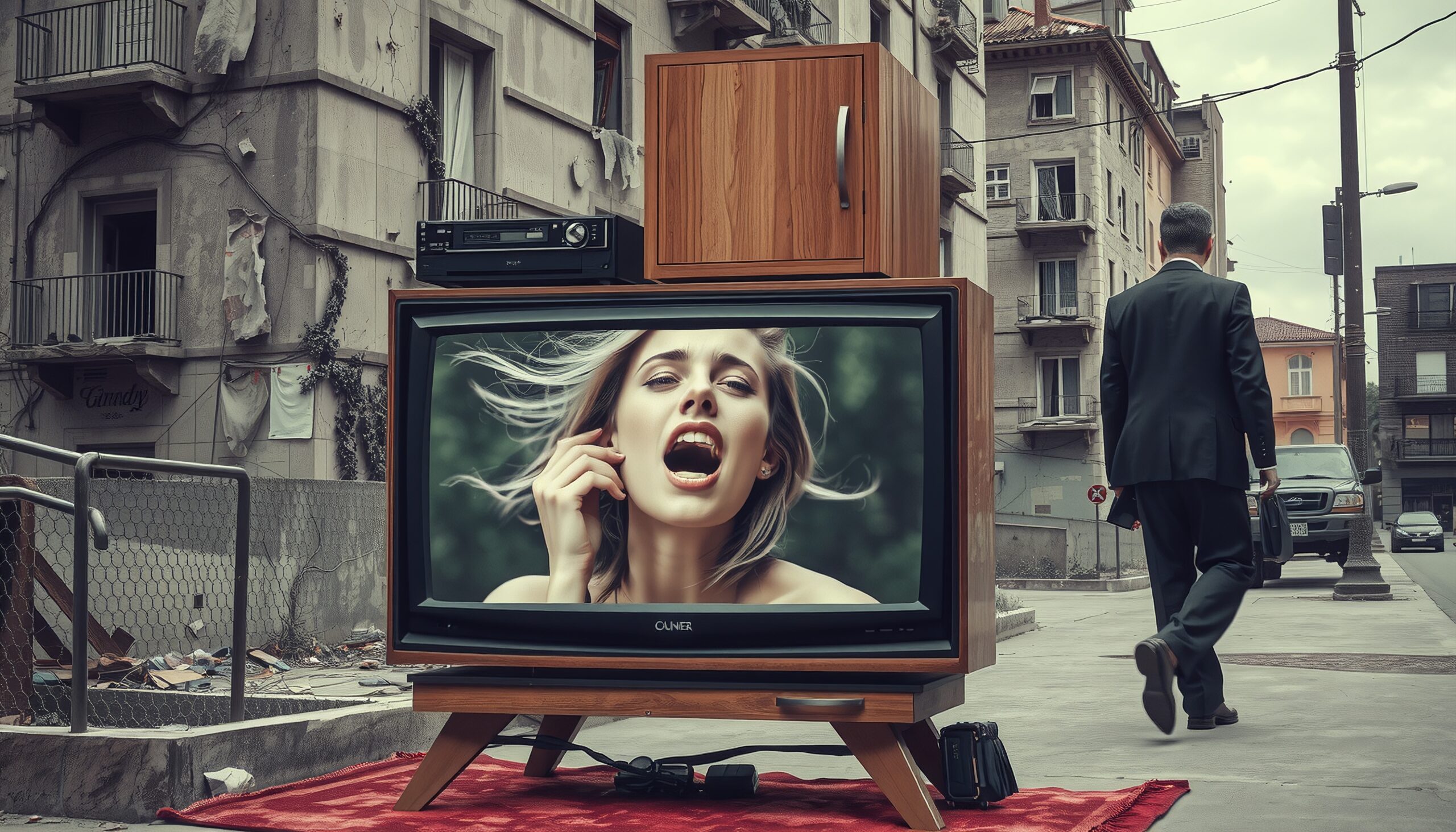 Surreal scene with vintage TV in urban setting.