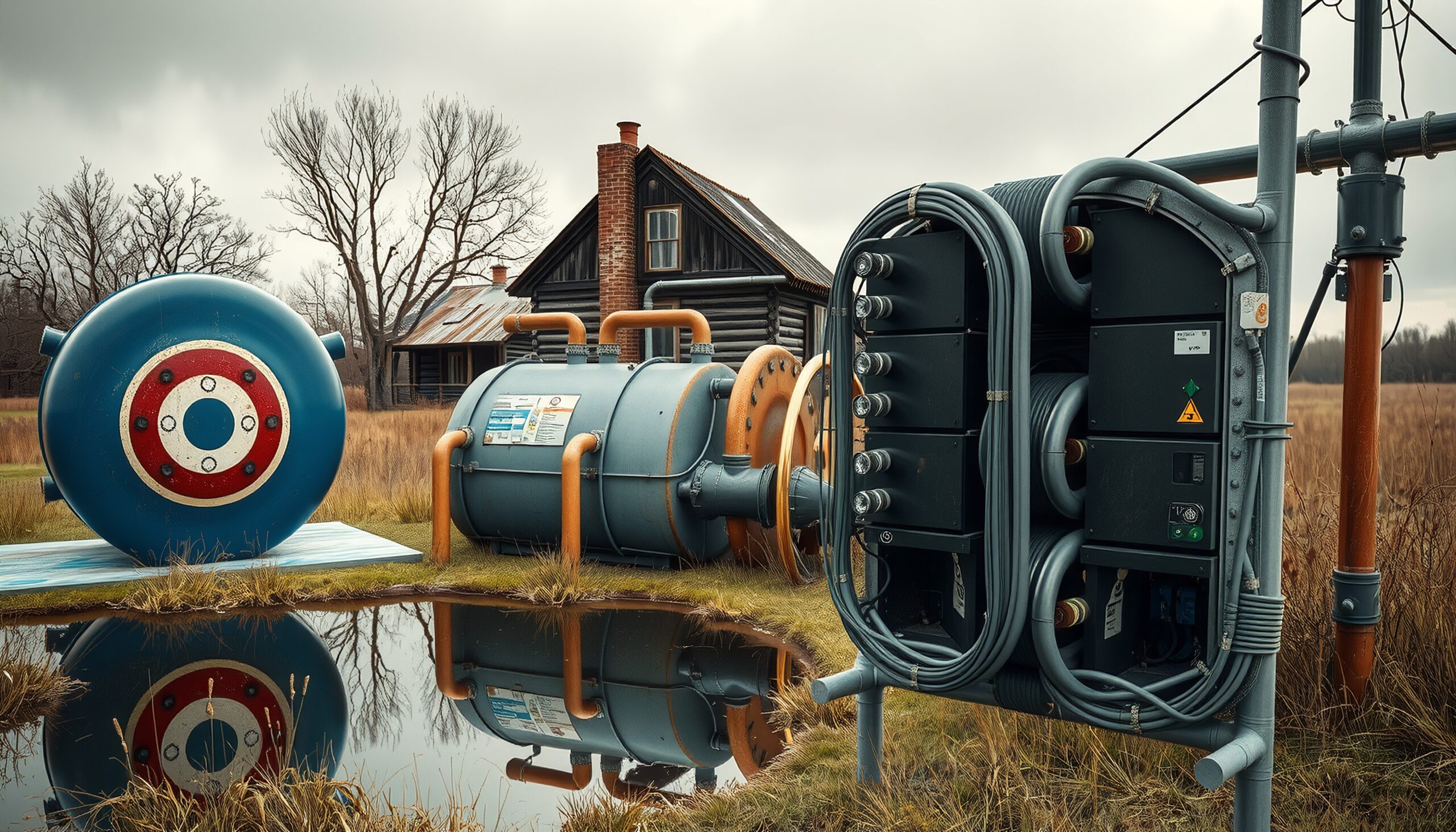Industrial equipment in a rural landscape with an old cabin in the background.