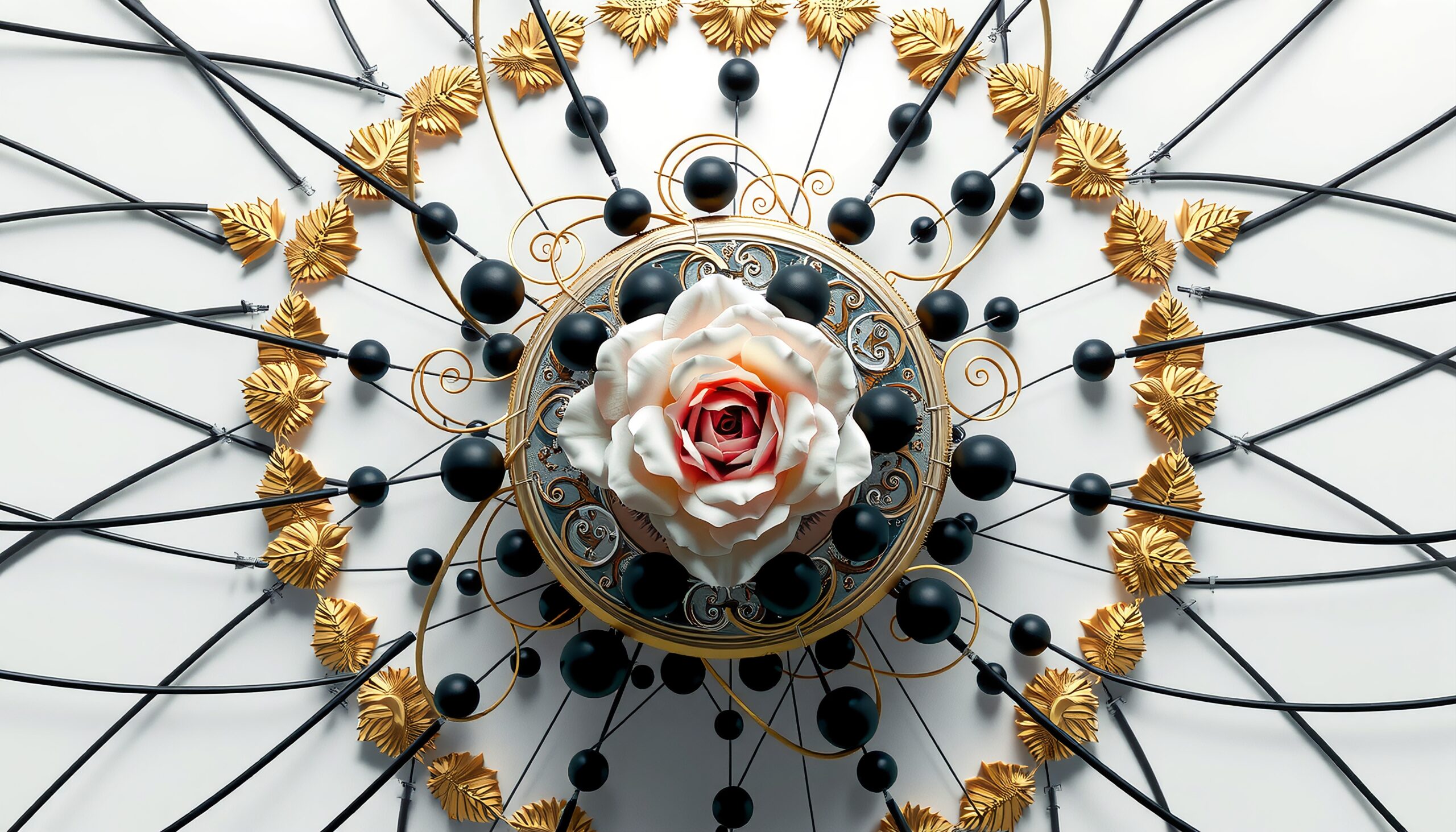 Intricate design featuring a central rose surrounded by golden leaves and black spheres on a white backdrop.