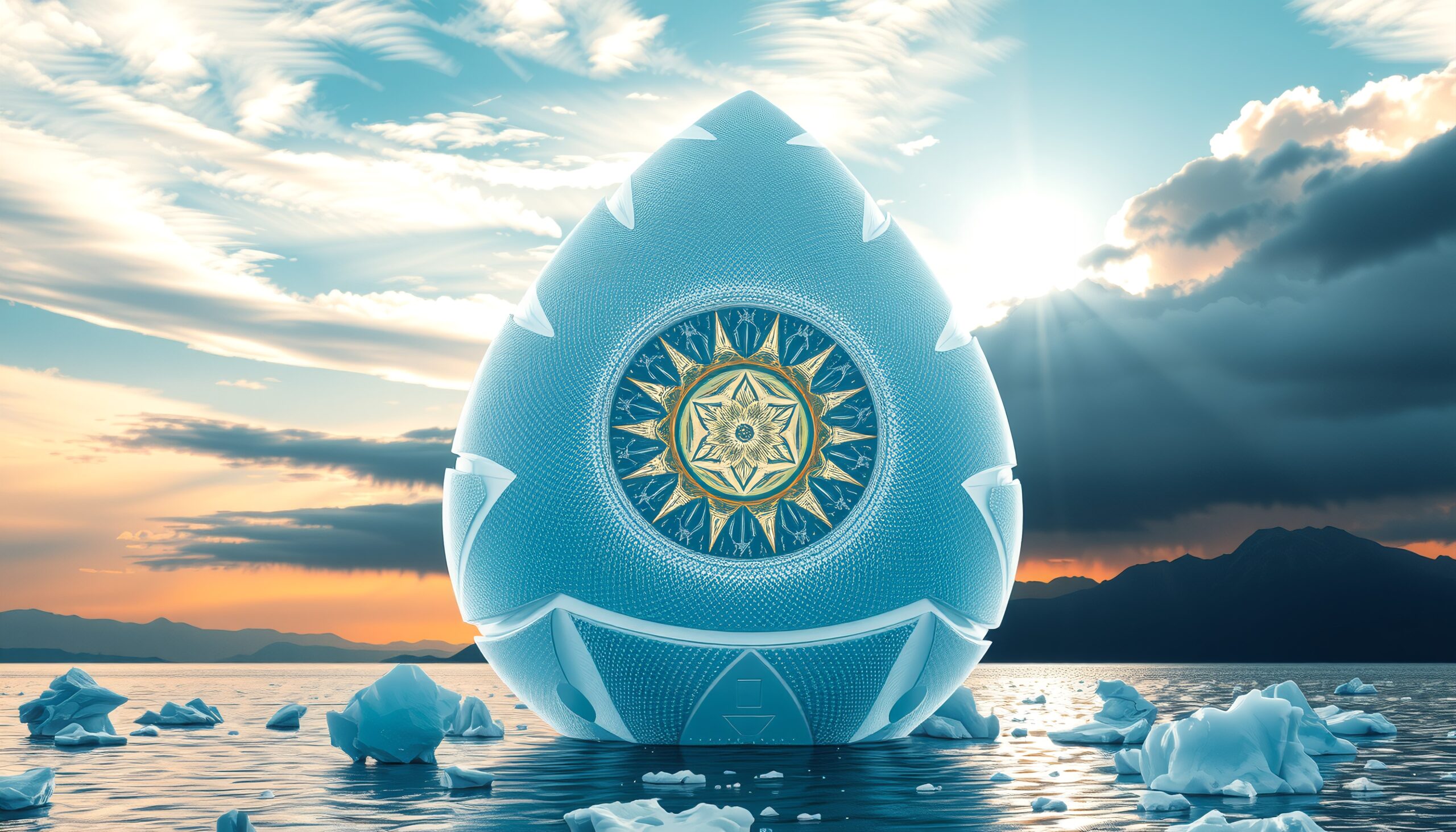 Futuristic spherical structure floating amid icebergs against a dramatic sunset sky with mountains in the background.