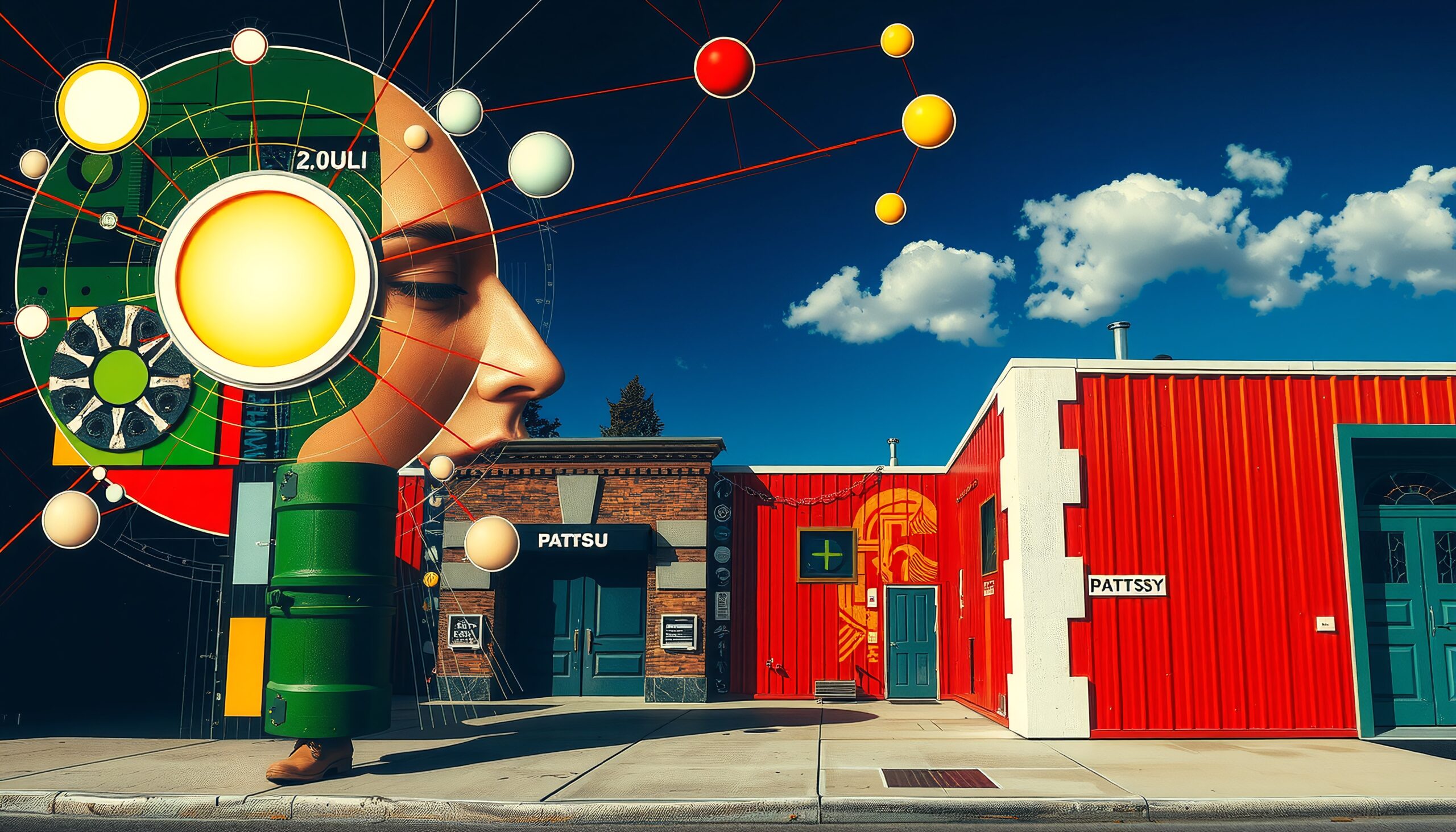 Surreal artwork combining urban and abstract geometric elements against a bright skyline.