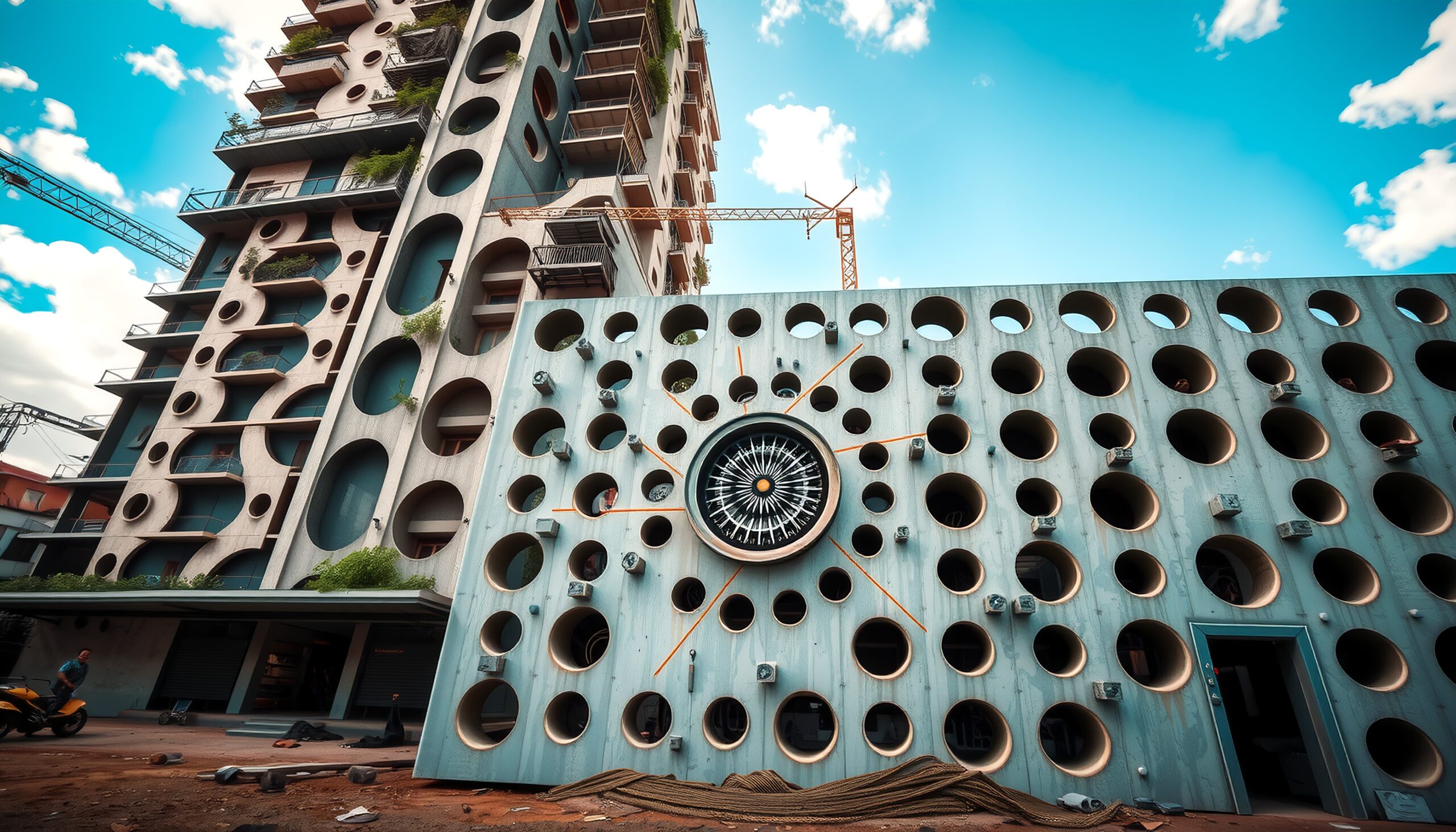 A modern building with circular cutouts and a compass emblem under a clear sky.