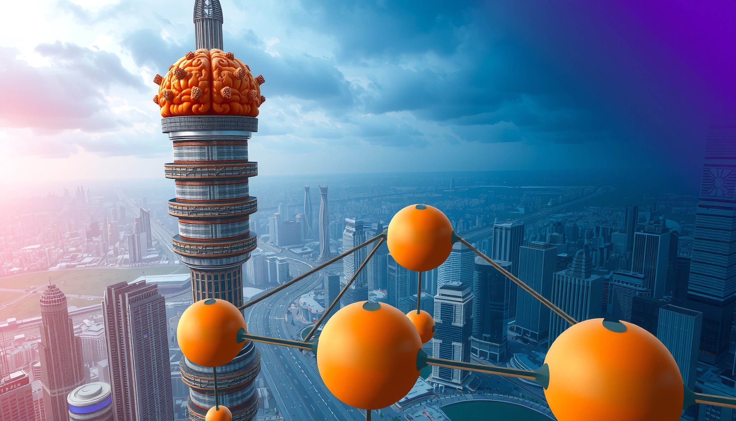 Futuristic cityscape featuring unique skyscraper design.