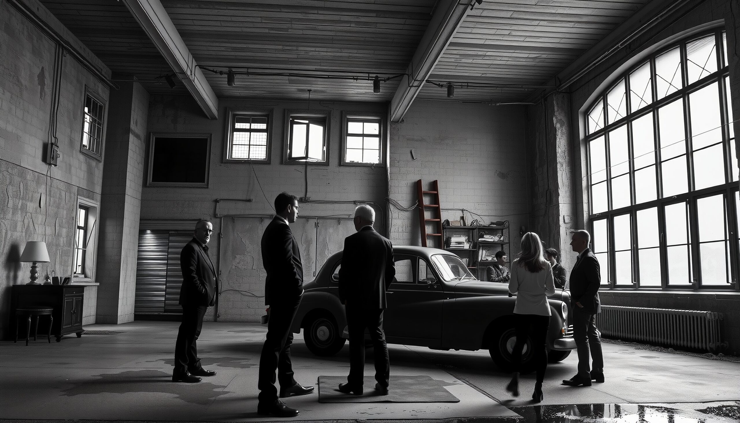 Group discussing a classic car in an industrial-style warehouse with large windows and natural light.