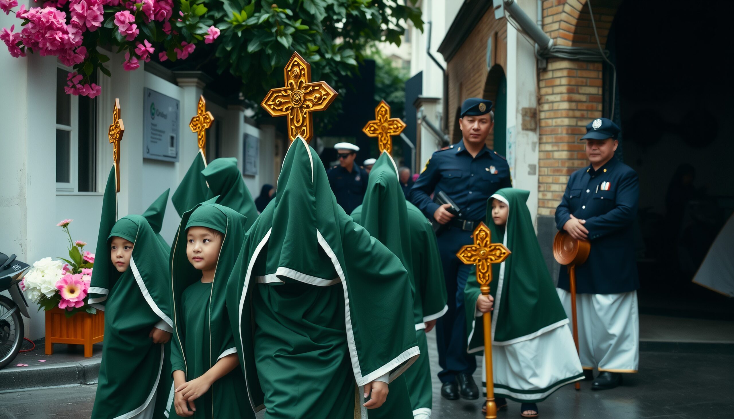Children in vibrant green robes participated in a religious procession carrying intricately designed golden crosses, surrounded by lush pink flowers and watchful guards in navy uniforms.