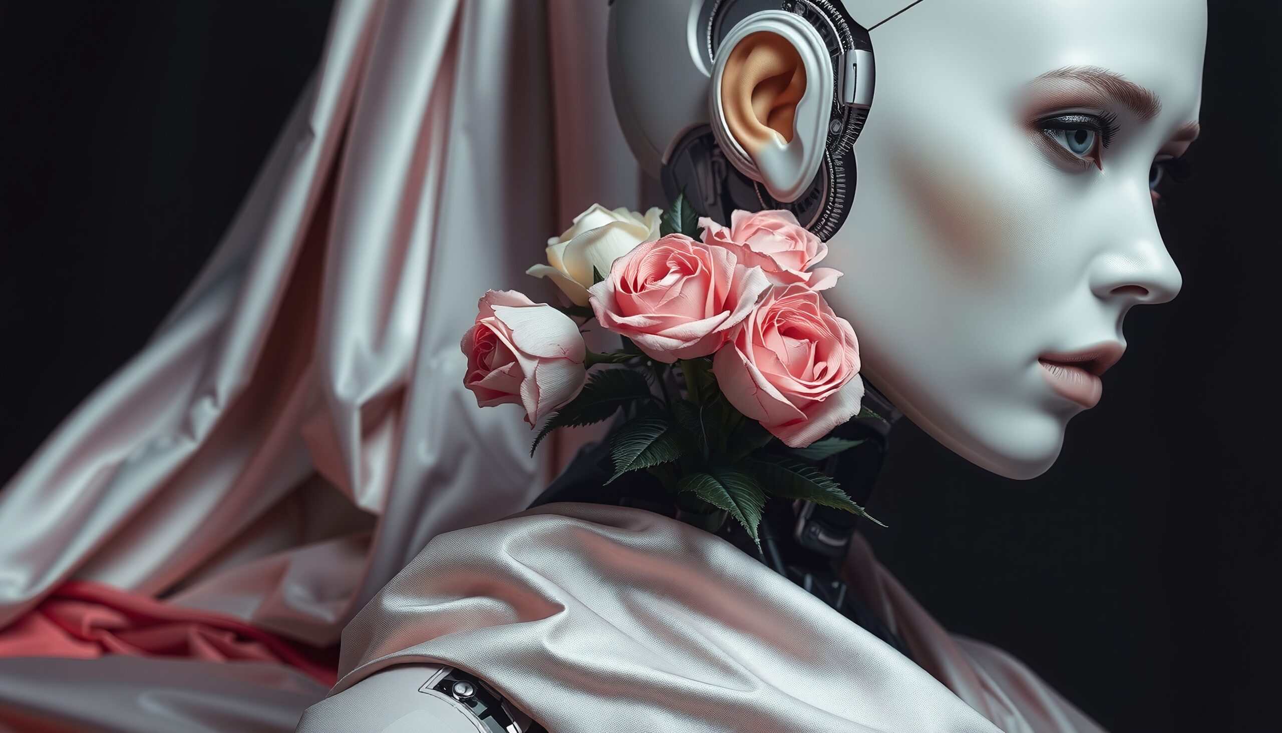 A futuristic robot with pink roses and silk fabric.
