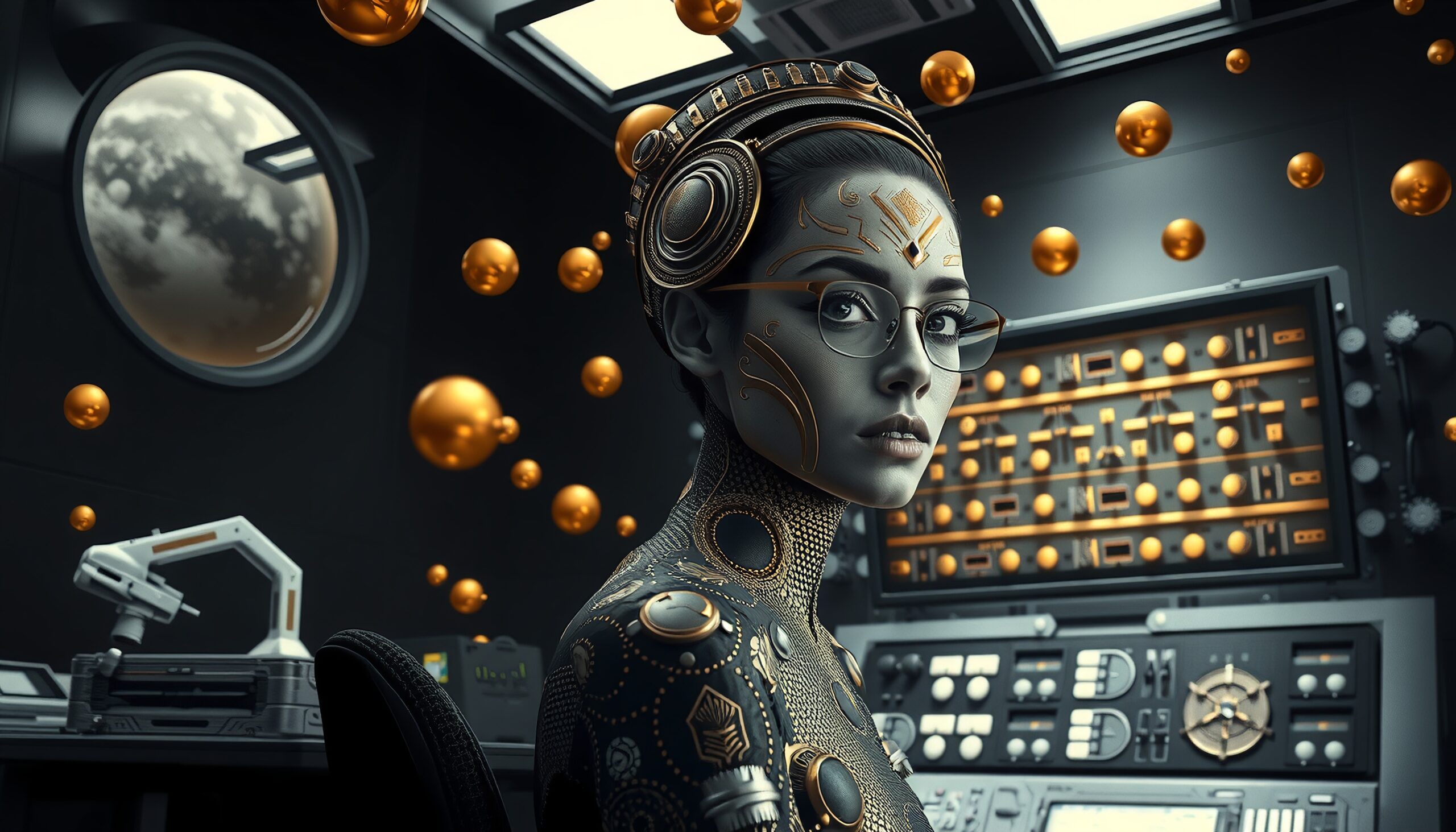 A futuristic humanoid with golden patterns in a high-tech control room.