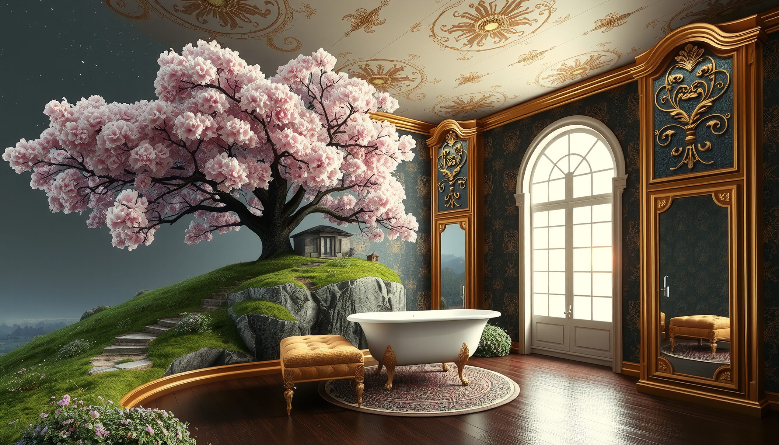 A luxurious bathroom with a pink cherry blossom tree merging into ornate classical architecture, featuring a freestanding bathtub and natural light.
