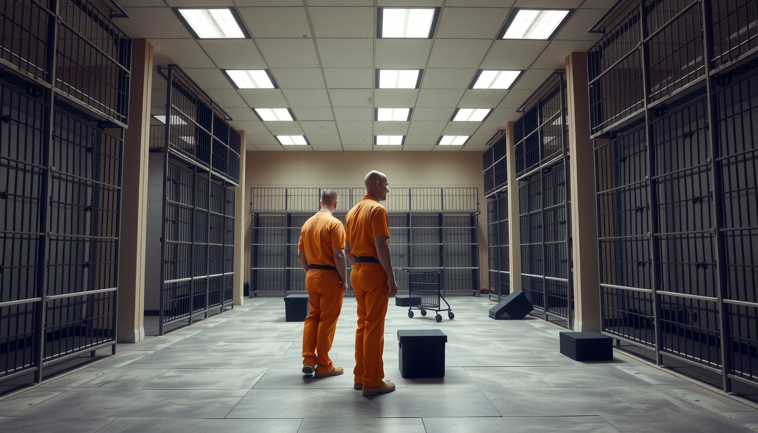 Two men in orange jumpsuits stand in a dimly lit prison corridor lined with barred cells and gray tiles.