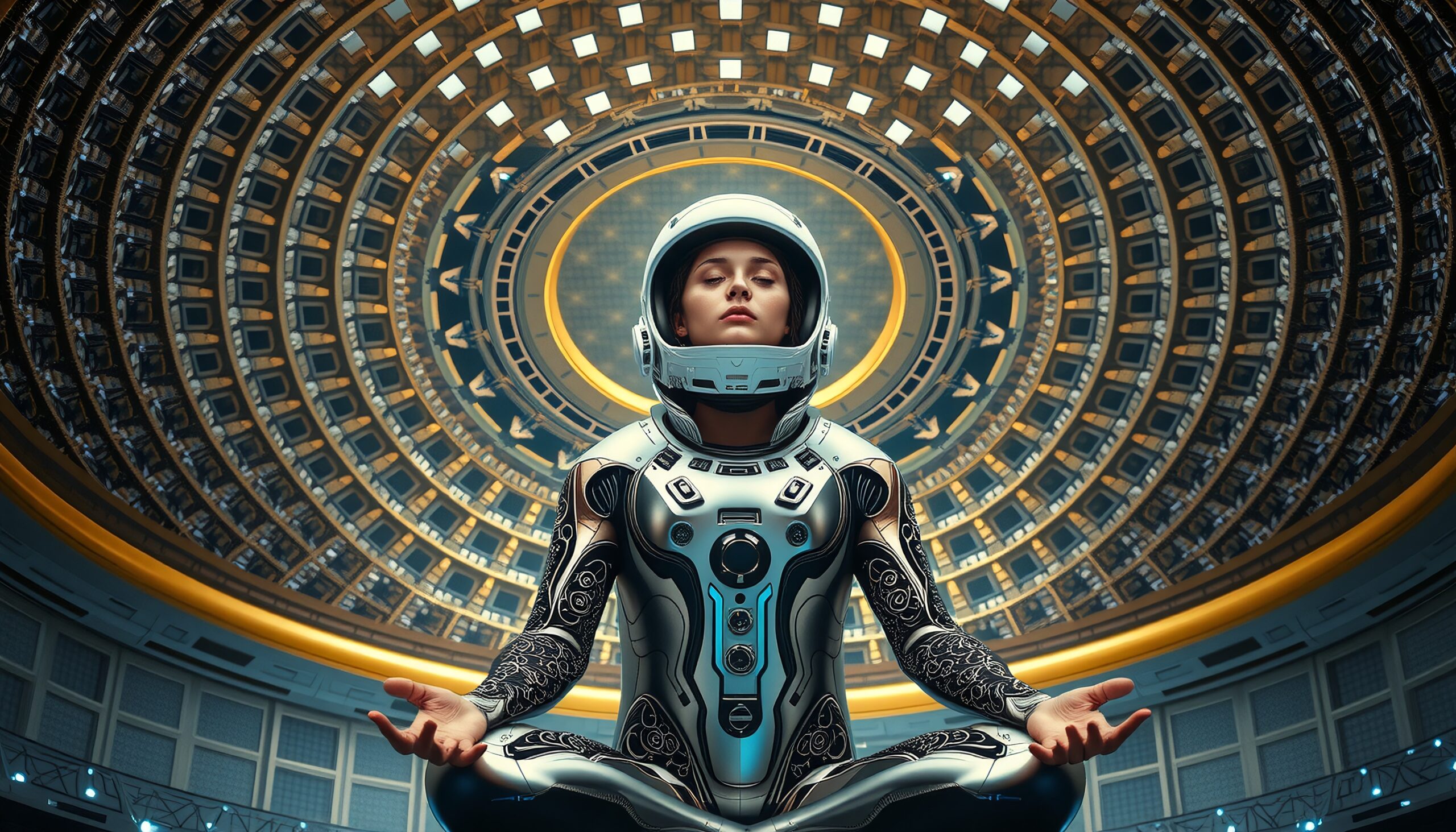 A futuristic figure meditates under a striking domed structure, emphasizing harmony between humanity and technology.