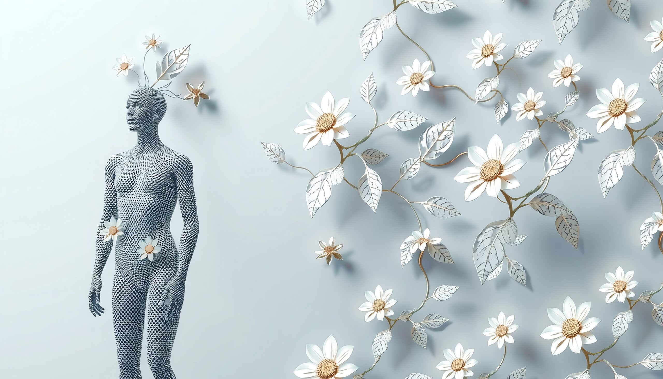 A geometric humanoid figure with branches and flowers in a serene blue-gray background, symbolizing nature's connection to humanity.