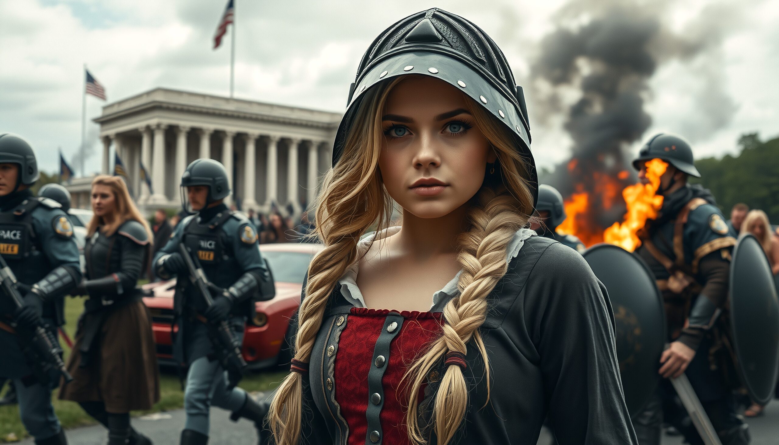 A woman in medieval attire stands before modern riot officers with an explosion behind, blending history and present in a dramatic scene.