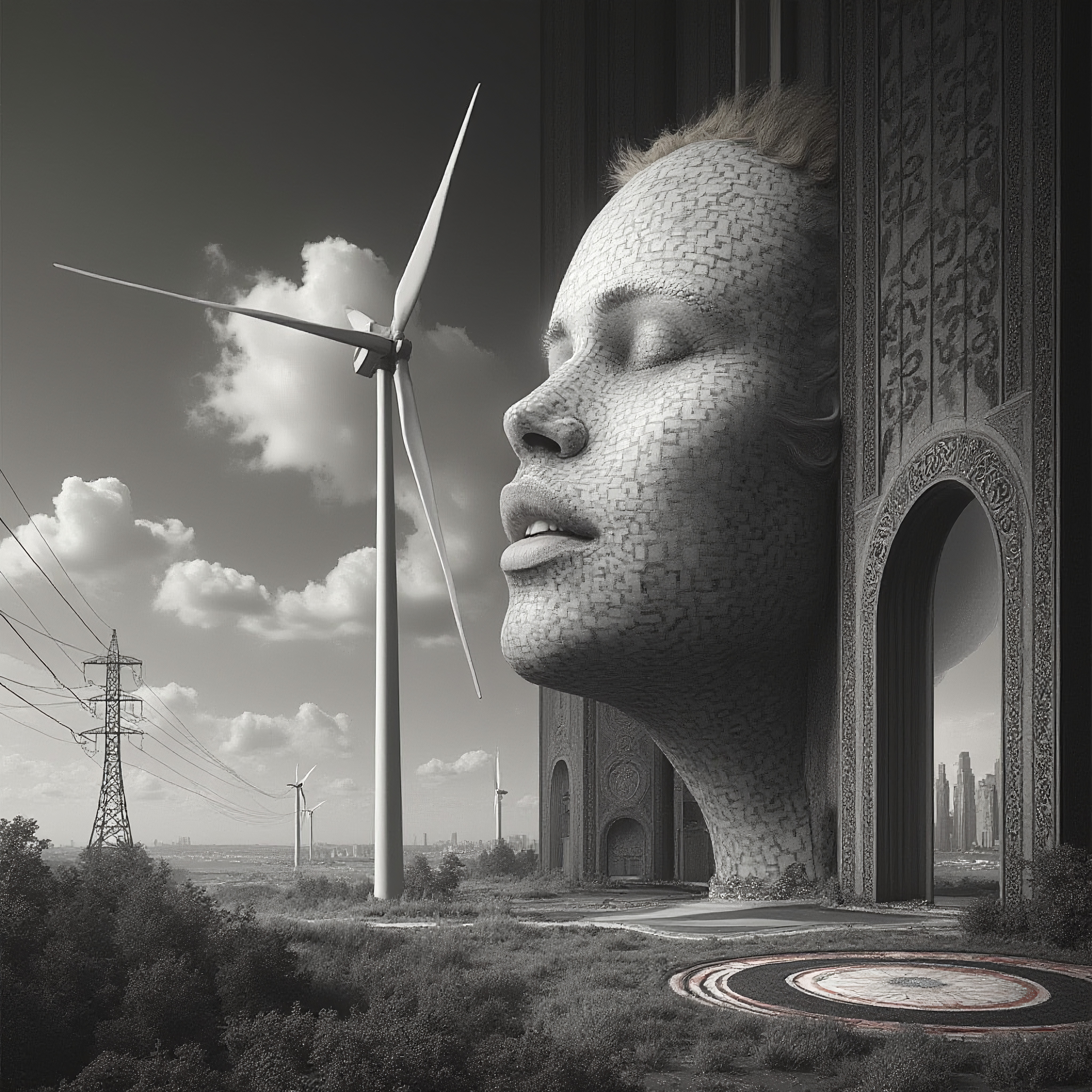 A large stone human face sculpture juxtaposed with wind turbines and a distant city skyline, symbolizing the fusion of art, nature, and technology in a dreamlike landscape.
