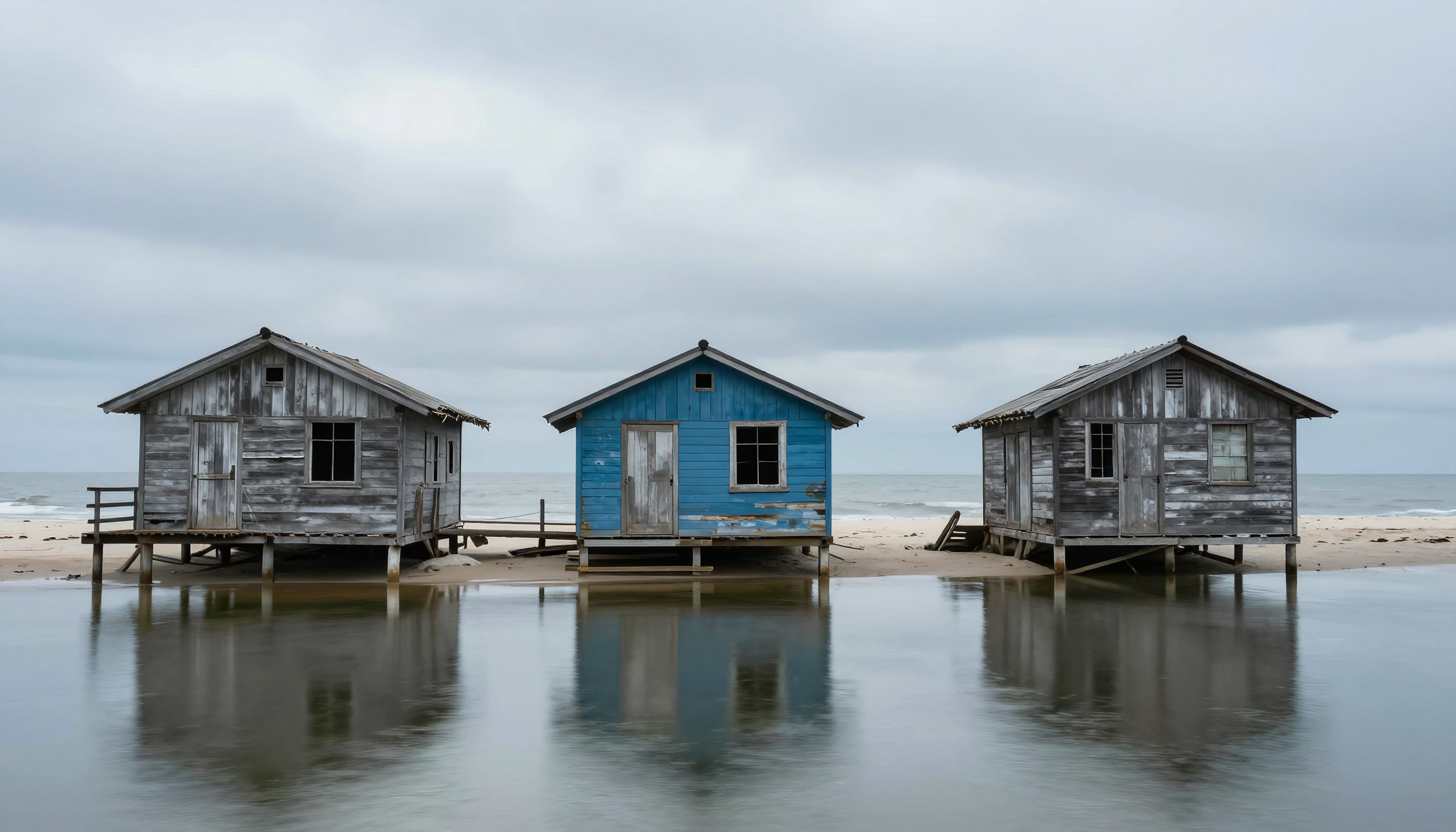 Three weathered beach shacks mirrored on water.