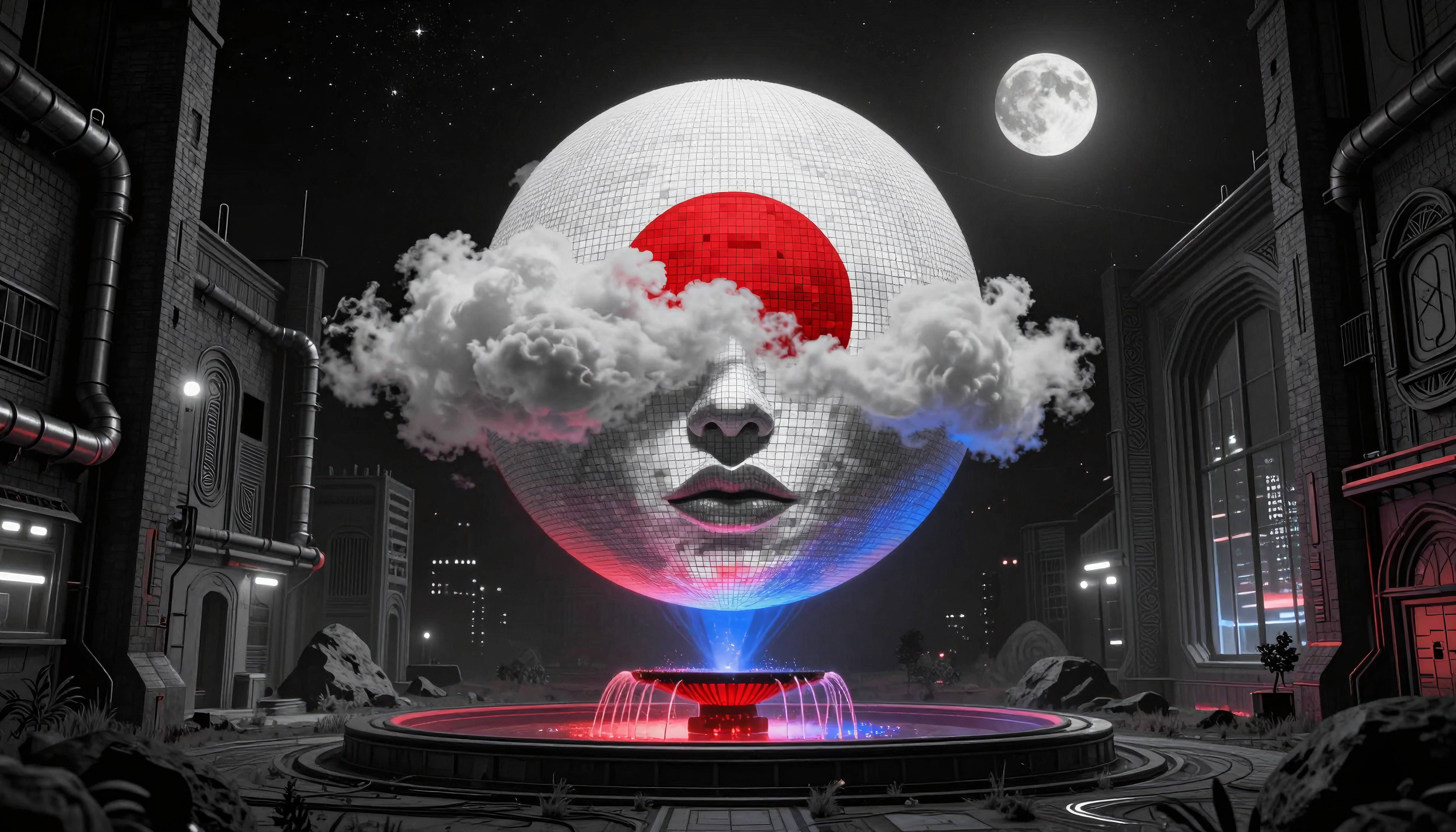 Futuristic cityscape with mosaic face and fountain.